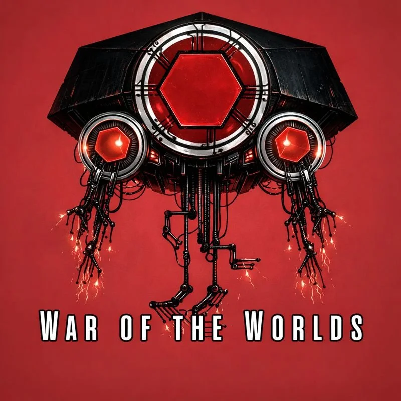 A mechanical, robotic object with a red hexagonal center and two smaller hexagons on either side, connected with wires and cables, against a red background. Below it, the text reads "War of the Worlds."