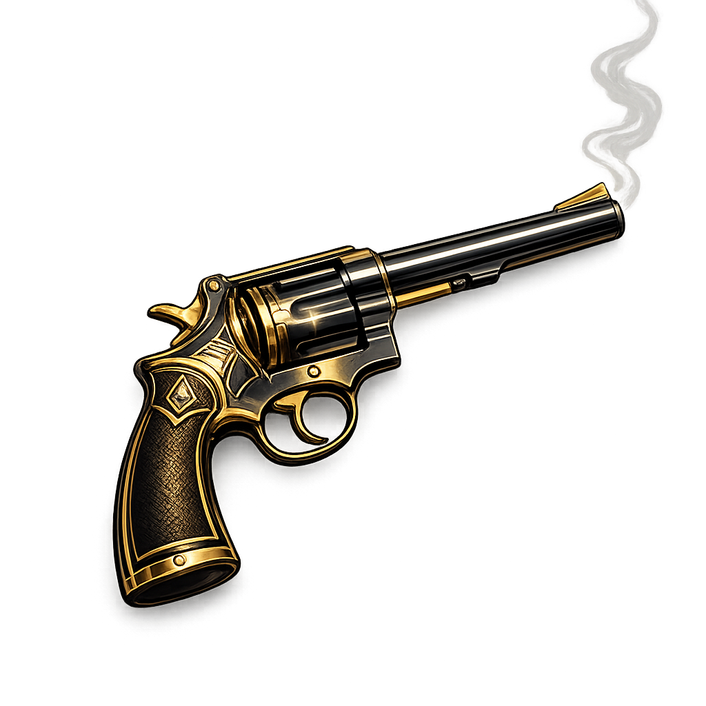 A revolver with gold and black accents, emitting smoke.