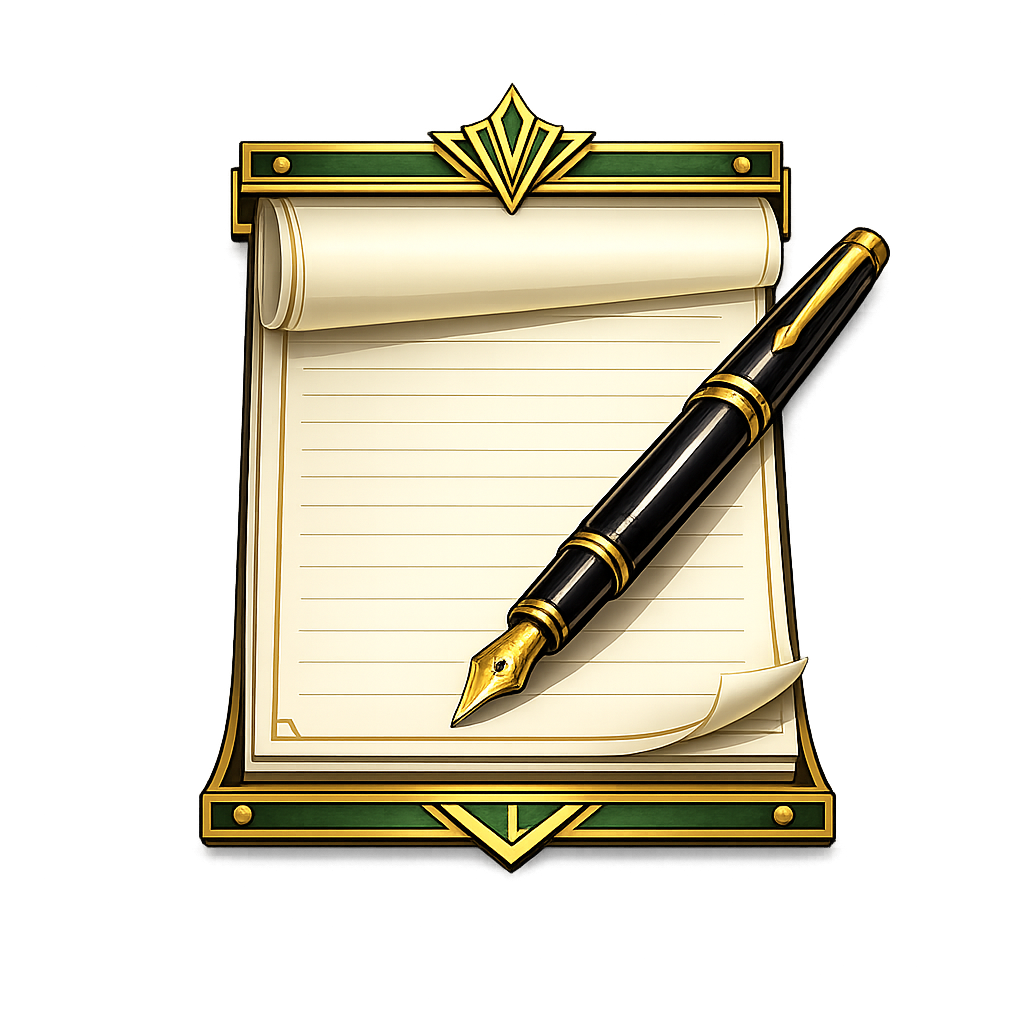 A decorative notebook or notepad with a green and gold border, featuring blank lined pages, and a black and gold fountain pen resting on it.