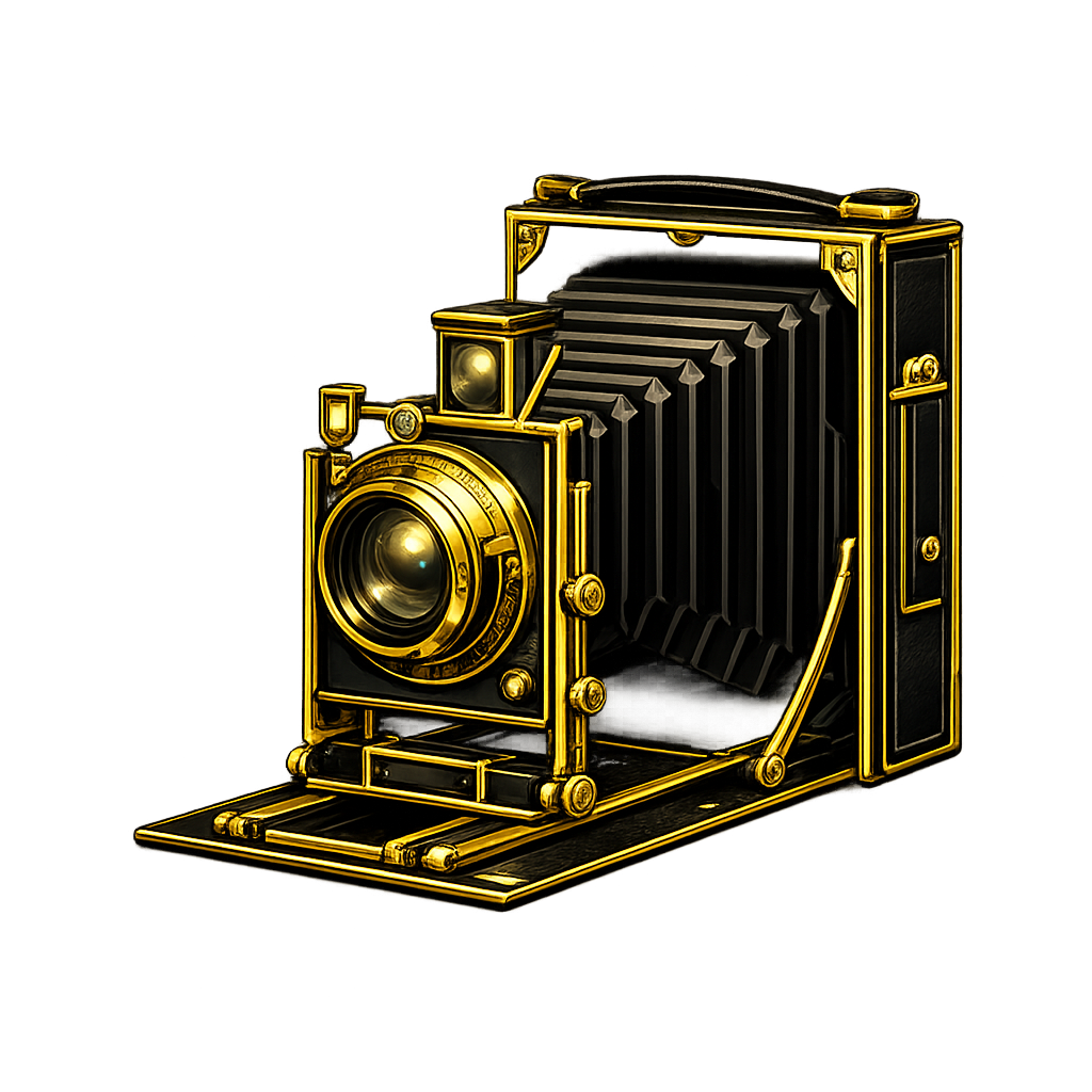 A vintage camera with a black bellows and gold accents, set against a black background.