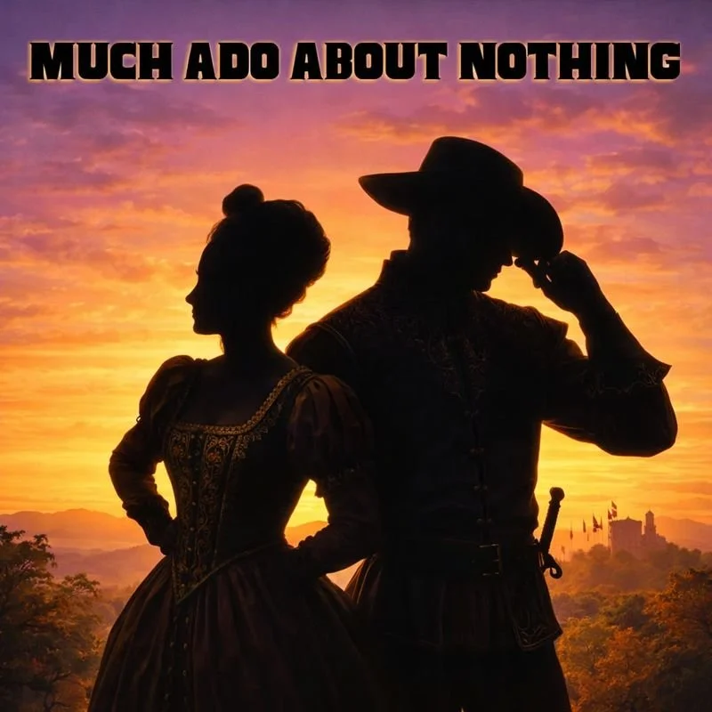 Silhouettes of a woman and a man in historical costumes, set against a colorful sunset sky, with a distant castle on the horizon and the text 'Much Ado About Nothing' at the top.
