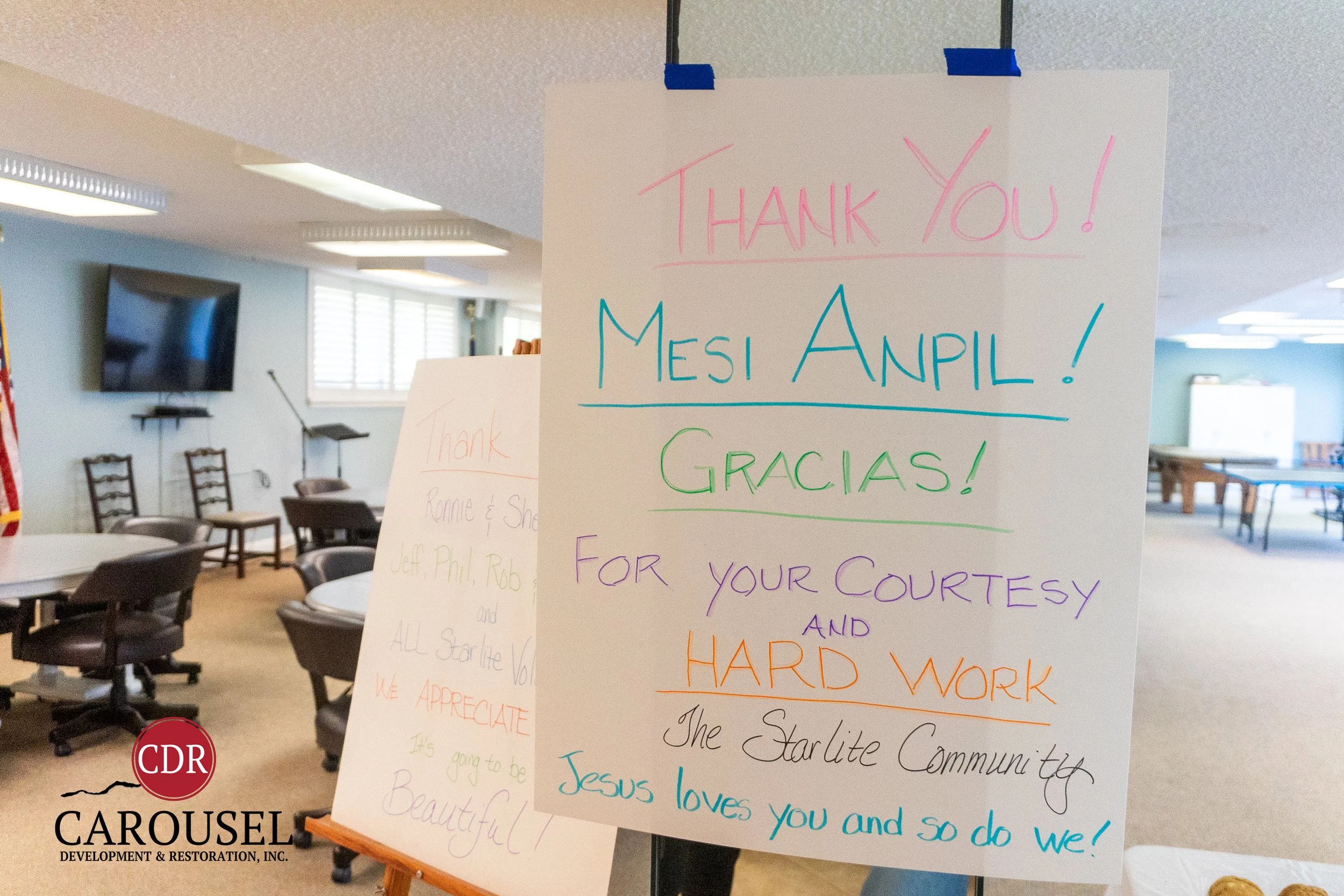 a posted sign showing appreciation for the Carousel employees