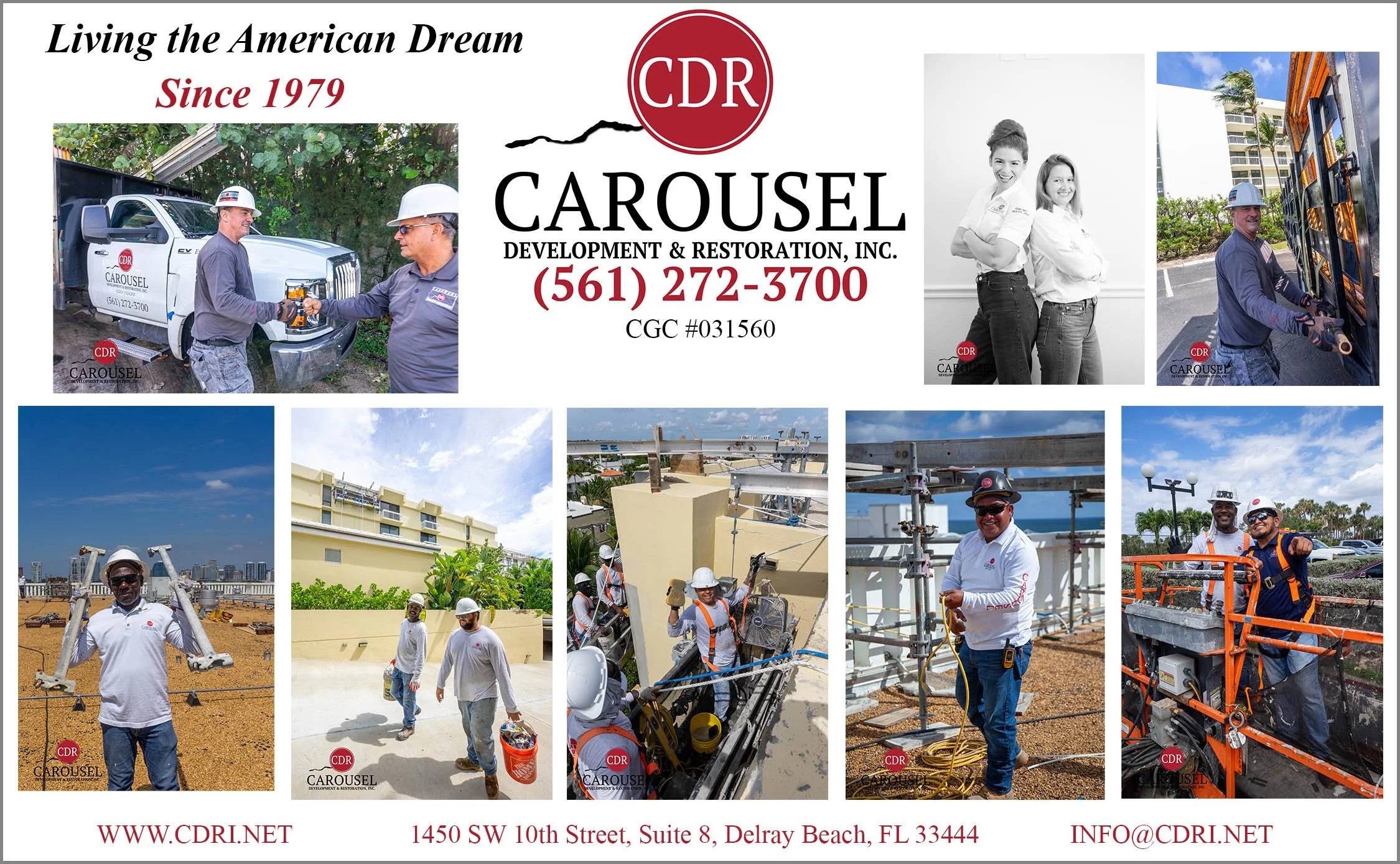 Marketing postcard for carousel including jobsite photos and contact info