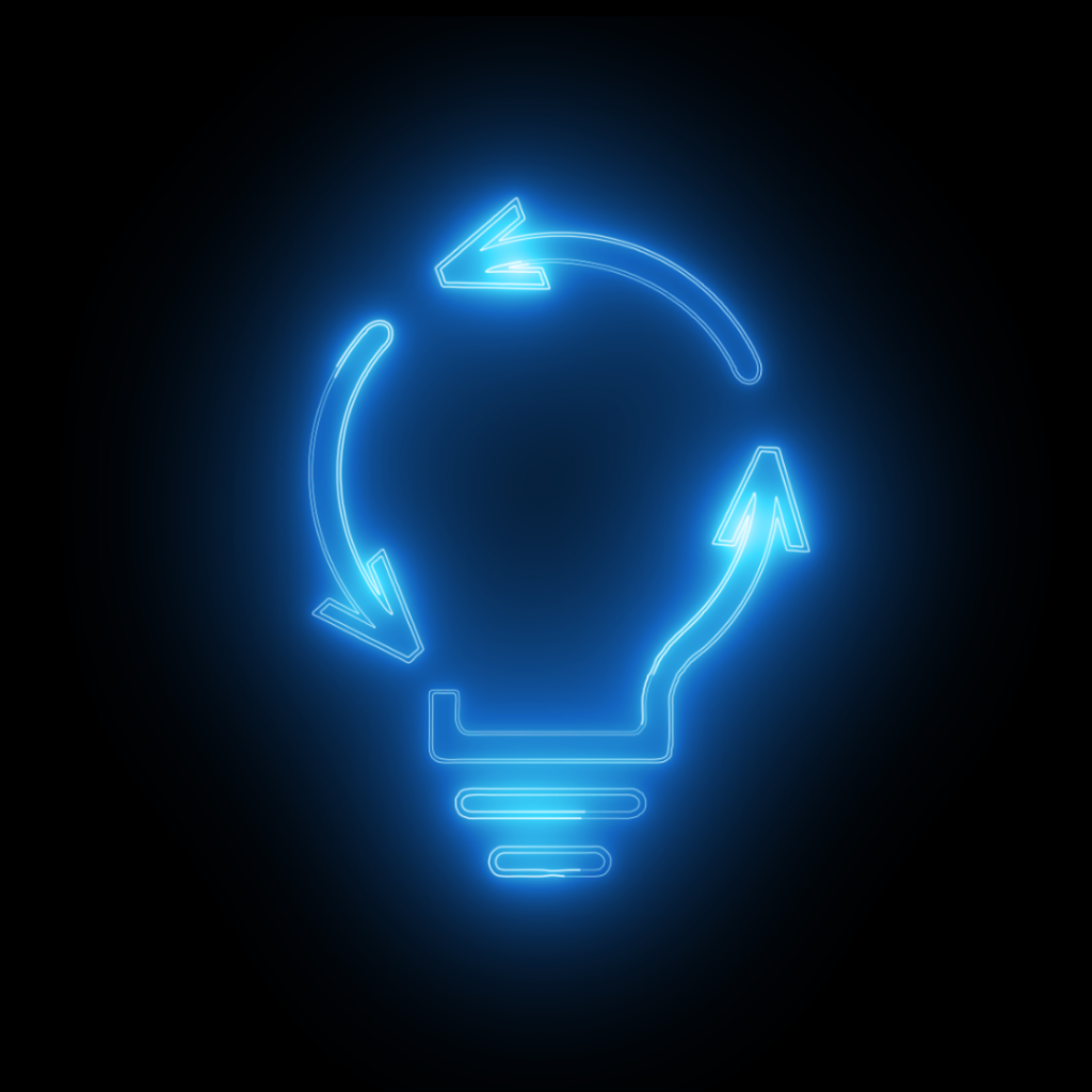 Neon blue outline of a lightbulb with circular arrows around it, symbolizing ideas or continuous innovation, on a dark background.