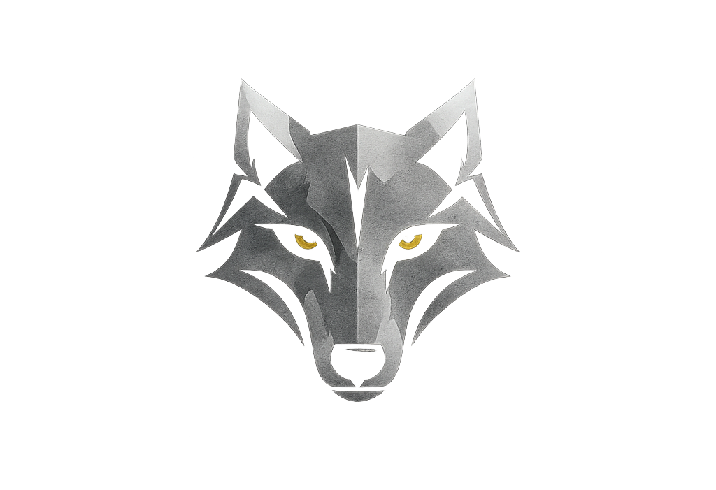 A detailed, stylized illustration of a wolf's head with sharp features, yellow eyes, and metallic gray fur, set against a black background.