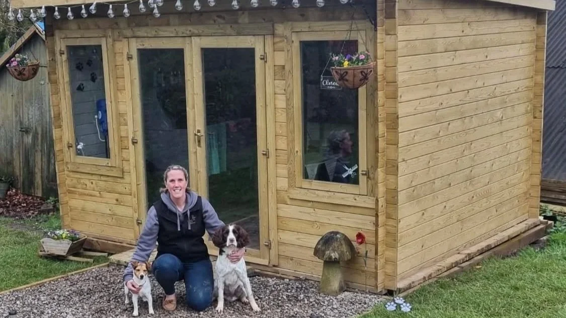 Claire Infront of the Canine Cabin in Meshaw, Devon