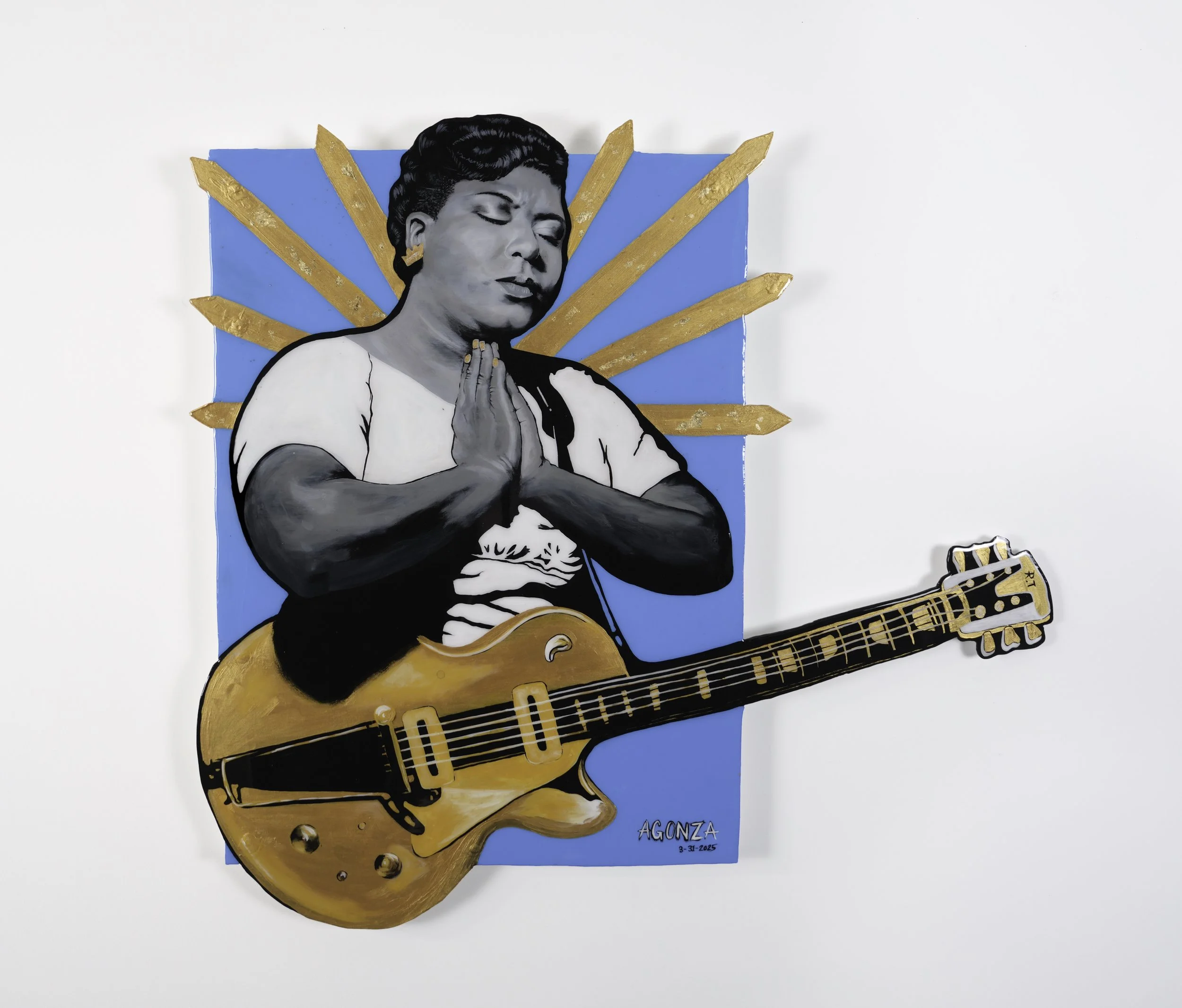 An artwork of a woman holding her hands in prayer with an electric guitar and gold rays emitting around her.