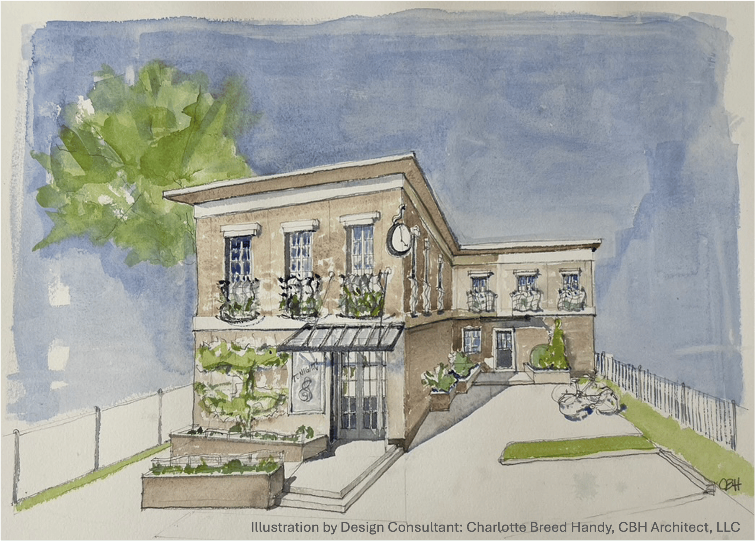 A watercolor architectural illustration of a two-story building with decorative ironwork balconies, surrounded by green landscaping, with a clock and patio visible in the scene.
