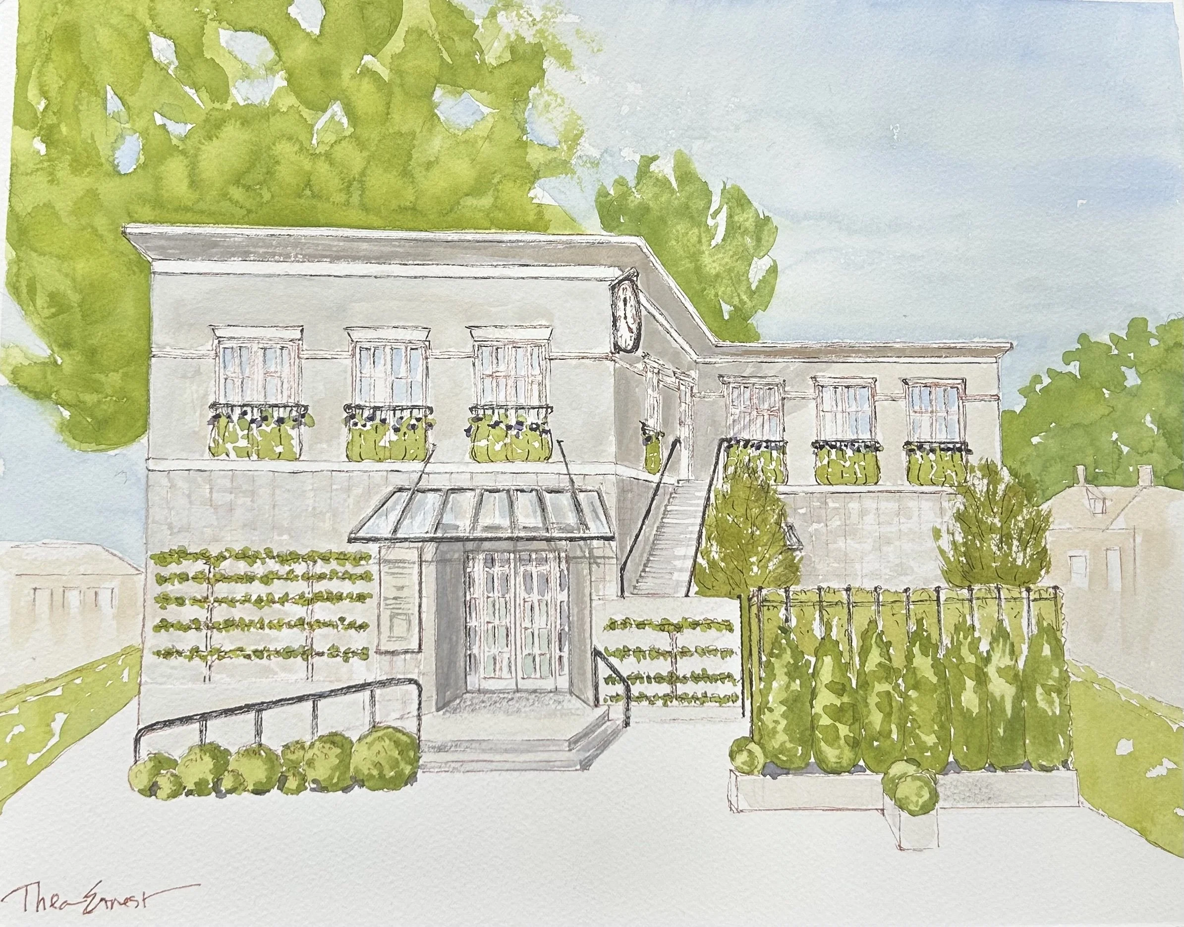 A watercolor architectural illustration of a two-story white-gray building with decorative ironwork balconies, surrounded by green landscaping and trees, with a clock and patio fence visible in the scene.