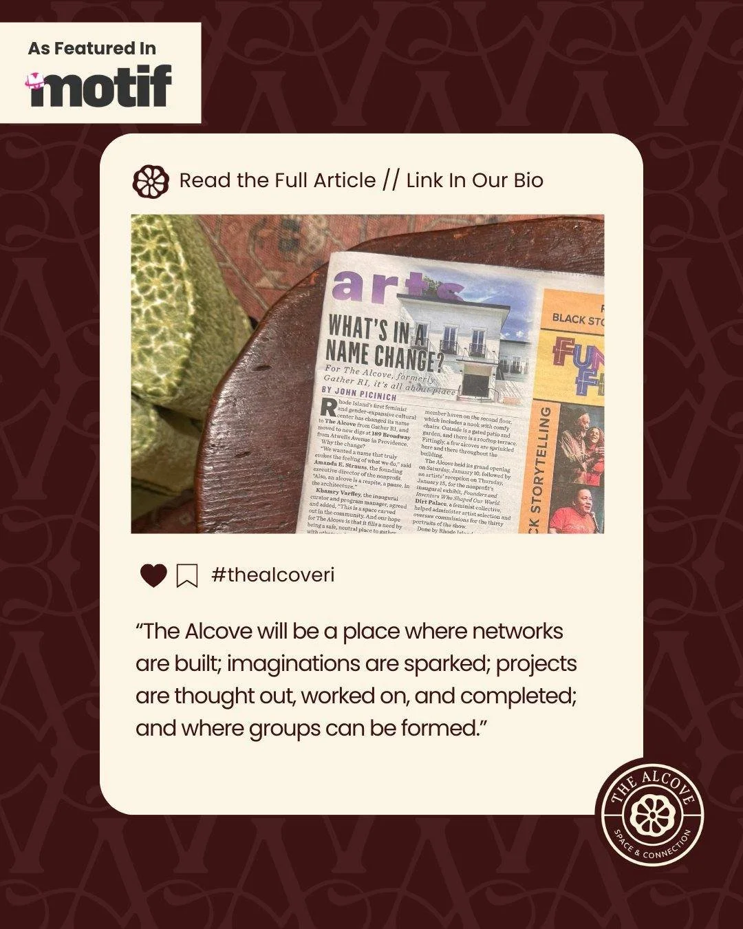 We&rsquo;re honored to be featured in this week's issue of @motifmagri 🗞️✨

Check out the full article to learn more about why this matters and the impact we&rsquo;re striving toward! 

🔗 Full Article Link in Bio

#TheAlcove #RhodeIsland #MotifMaga