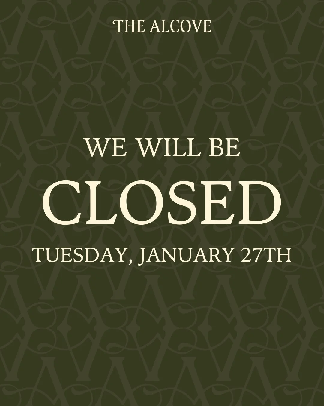 Due to the snow storm and icy road conditions, The Alcove will be closed tomorrow (Tuesday, January 27th). Thank you for your understanding&mdash;stay safe and warm, everyone! 🌨❄

#TheAlcove