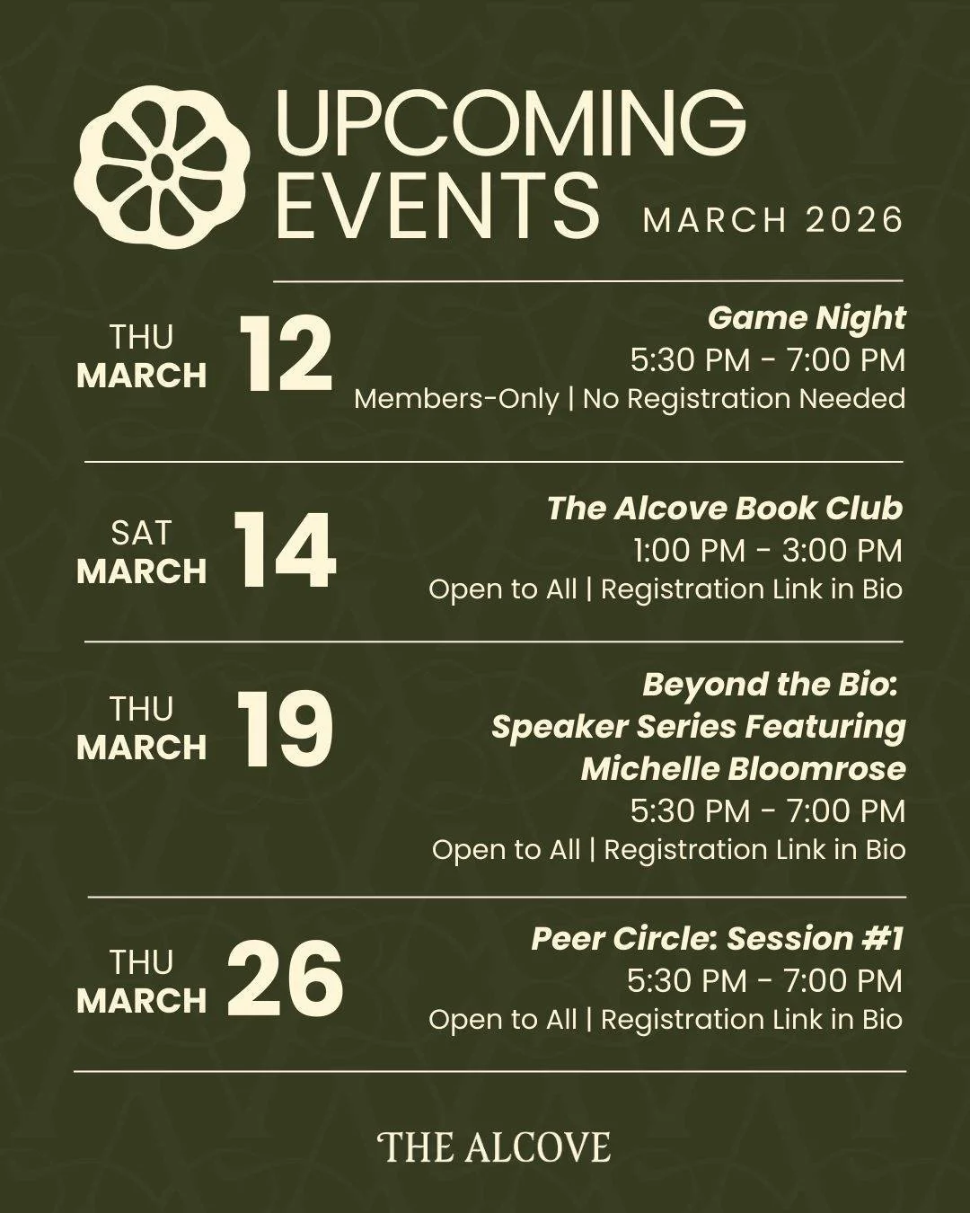March at the Alcove 💫🗓️

Mark your calendar! Here&rsquo;s what&rsquo;s coming up this month:

♟️ Game Night
Members Only
Mar 12 | 5:30&ndash;7 PM
Members, join us for a drop-in Game Night featuring games invented and designed by women and gender ex