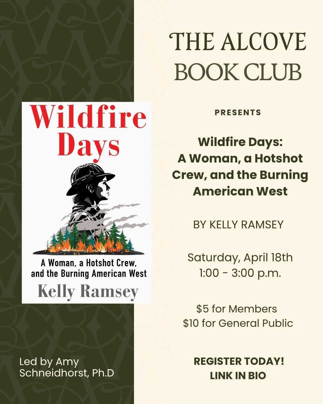 Looking for a book club for women and gender expansive people? ✨📚

Join us as we discuss Wildfire Days: A Woman a Hot Shot Crew and the Burning American West by Kelly Ramsey, a memoir of exploring identity and resilience. 

🗓️ Saturday, April 18th
