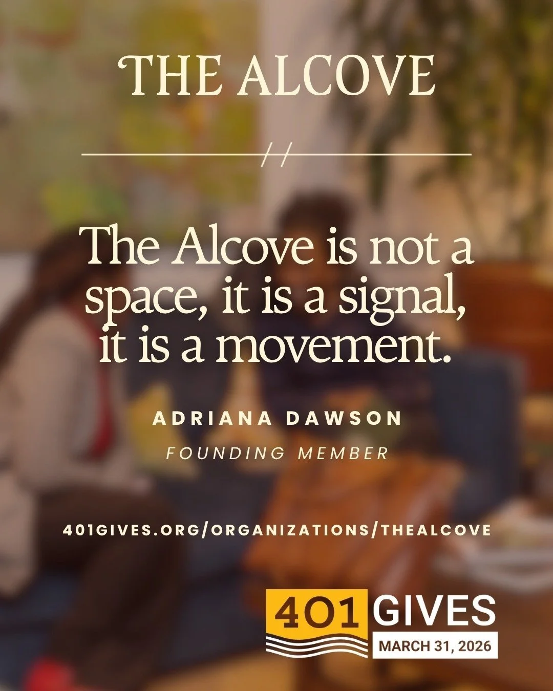#401Gives ends at 6 p.m. today! ⏰ 

35 people have already shown up for The Alcove, raising $3,455! Can you help us keep the momentum going?

A gift of $5&mdash;the cost of a cup of coffee&mdash;is a signal that spaces dedicated to women and gender e