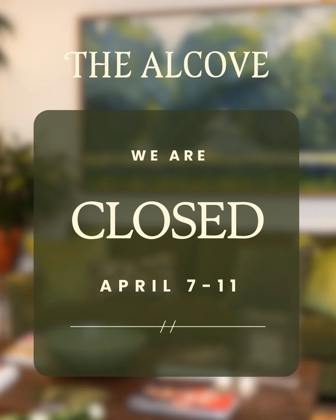 🛠️ The Alcove will be closed Tuesday, April 7 - Saturday, April 11 for unexpected facility maintenance.

We are sorry for any inconvenience this may cause, and can't wait to welcome you back into the building!