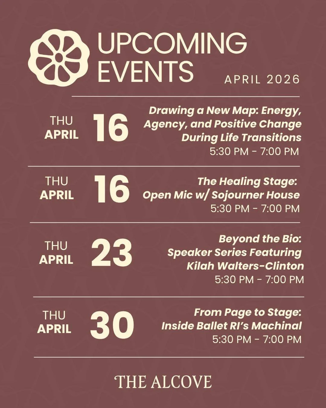 April at The Alcove 🌿

Join us for:

🎙️ The Healing Stage: Open Mic with @sojournerri 
April 16, 5:30 PM - 7:00 PM
An open mic night where survivors of sexual violence can share poems, stories, and music related to their experiences with trauma and