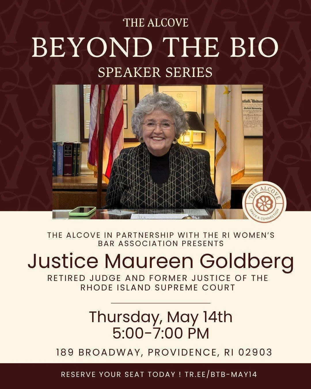 In partnership with the @riwomensbar ,  we&rsquo;re honored to gather in celebration of Justice Maureen McKenna Goldberg ⚖️✨

After 36 years on the bench, including 29 years serving on the Rhode Island Supreme Court, we invite our community to come t