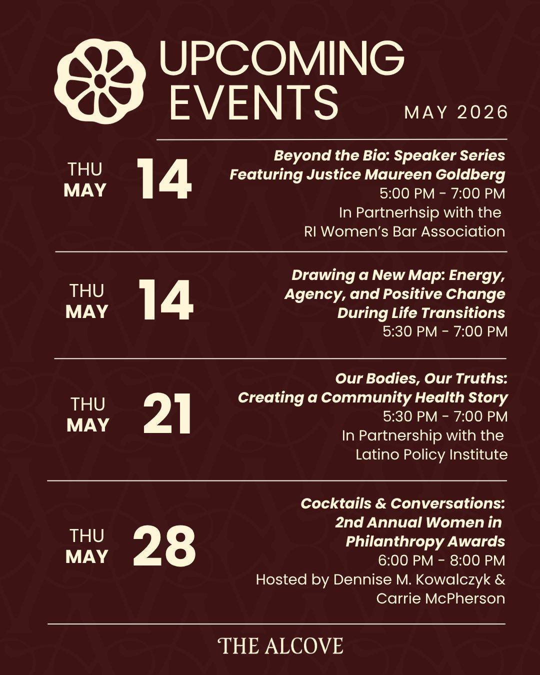 May at The Alcove 🌿

Join us for:
🎤 Beyond the Bio: Justice Maureen Goldberg 
May 14, 5:00 PM - 7:00 PM 
Real stories and meaningful dialogue from inspiring women and gender expansive people.
In partnership with @riwomensbar 

💬 Peer Circle - Draw