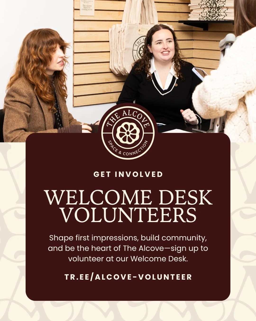 We're seeking Welcome Desk Volunteers for the summer! ☀️

Be the first face people see when they walk through our doors. You'll welcome members and visitors, answer questions, and help keep The Alcove operating smoothly.

This is a meaningful role fo