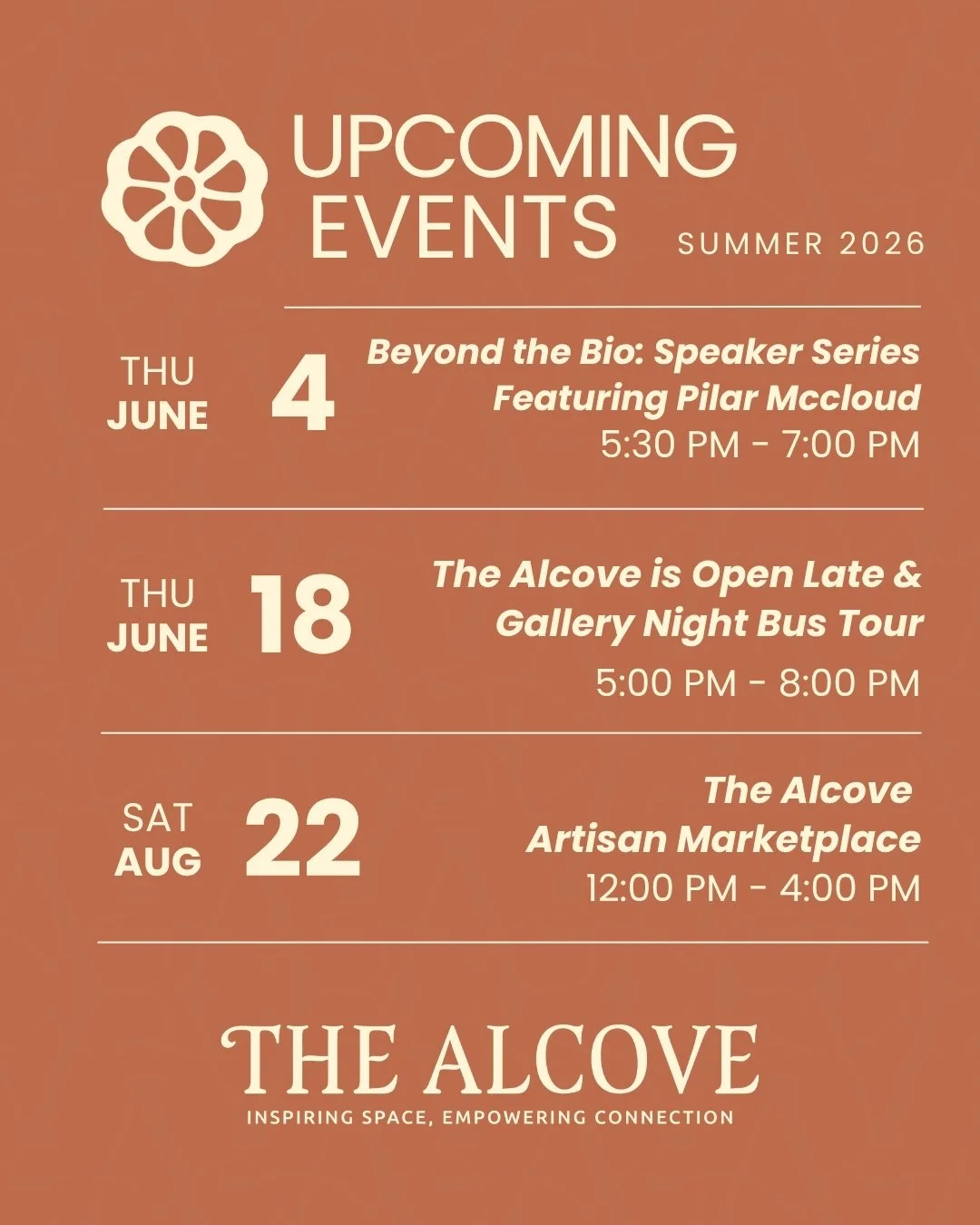 Summer at The Alcove 🌿

Join us for:

🎙️ Beyond the Bio: Speaker Series Featuring Pilar Mccloud
June 4, 5:30 PM - 7:00 PM
Real stories and meaningful dialogue from inspiring women and gender expansive people. Register at our link in bio.

🖼️ The A