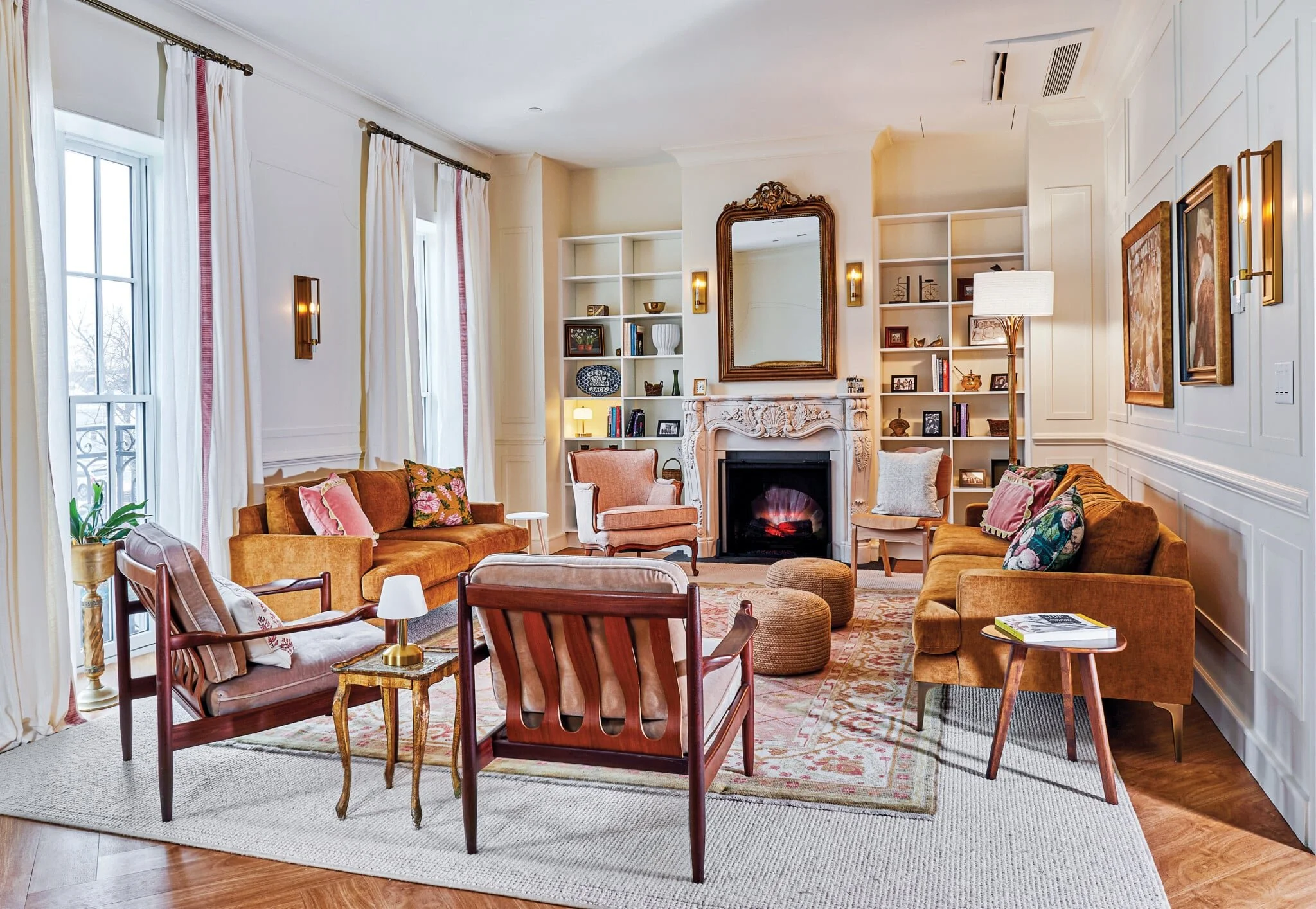 A book club room with a distressed French apartment feel at The Alcove in Providence RI.
