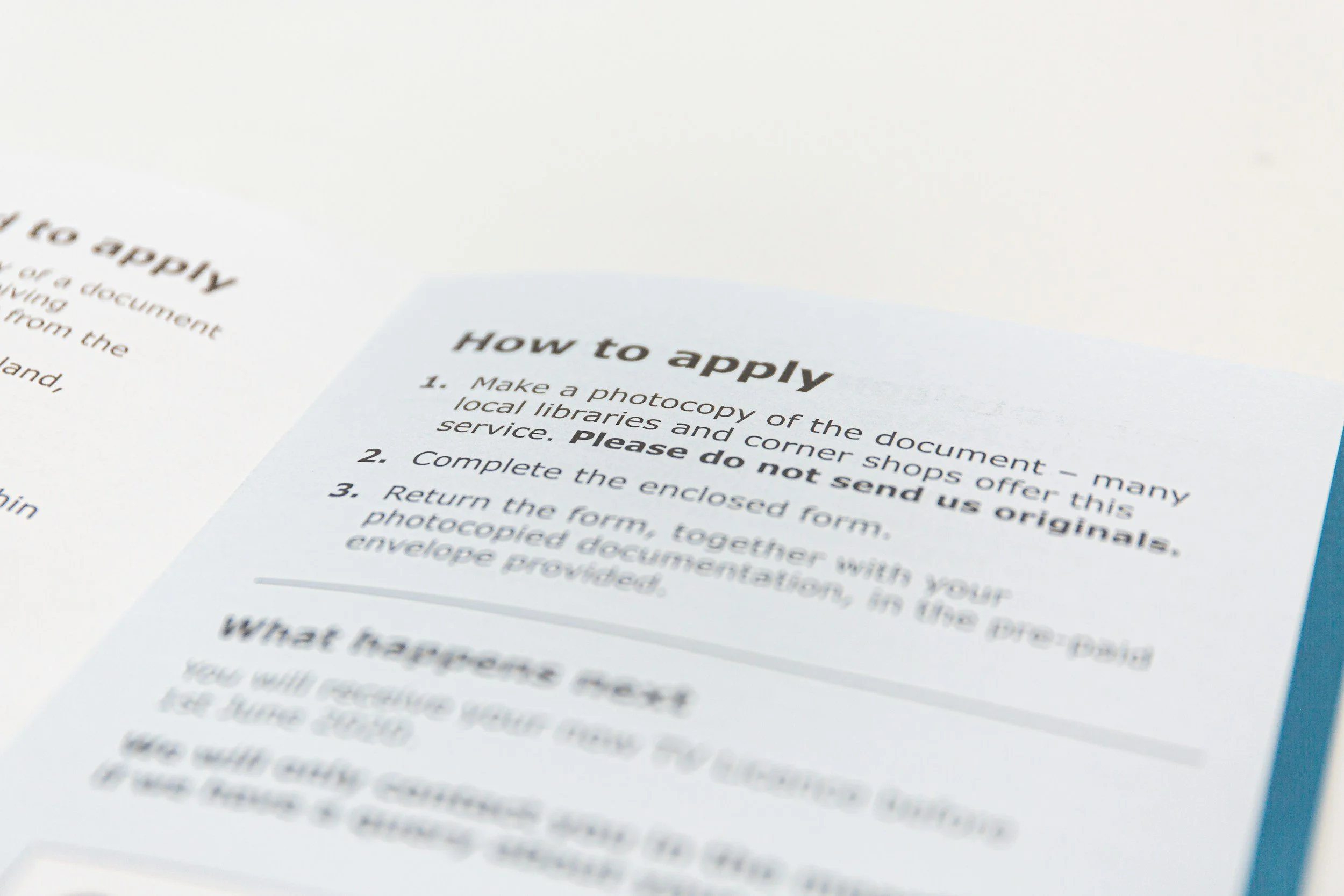 Instruction sheet titled 'How to apply' with steps for submitting a document, including making a photocopy, completing a form, and returning it in an addressed envelope.