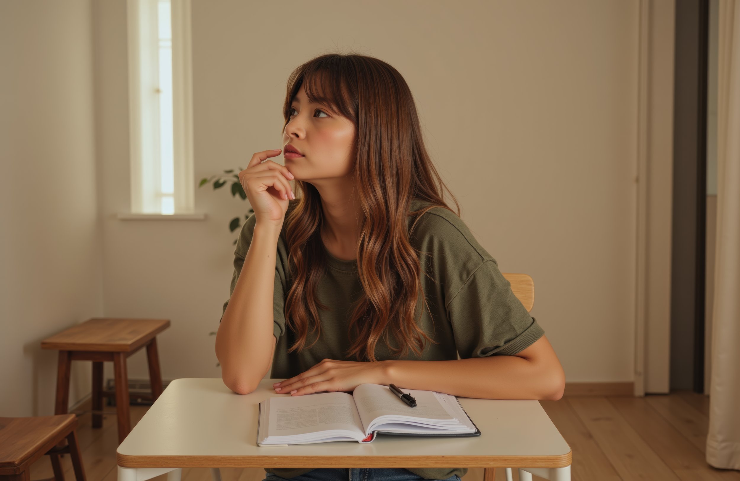 A young woman with long, wavy brown hair sitting at a white desk, looking thoughtful with her hand on her chin, an open book and a black pen in front of her, in a room with beige walls, wooden furniture, and a window in the background.