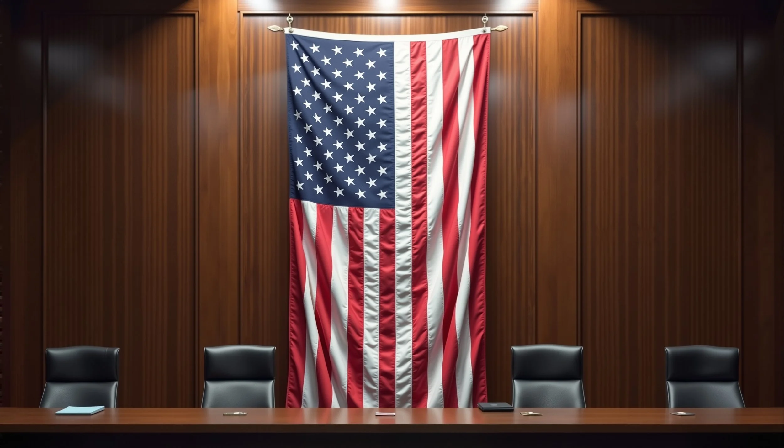 American flag hanging on a wooden wall behind a conference table with four black chairs, each with a small pad or object on the table in front of it.