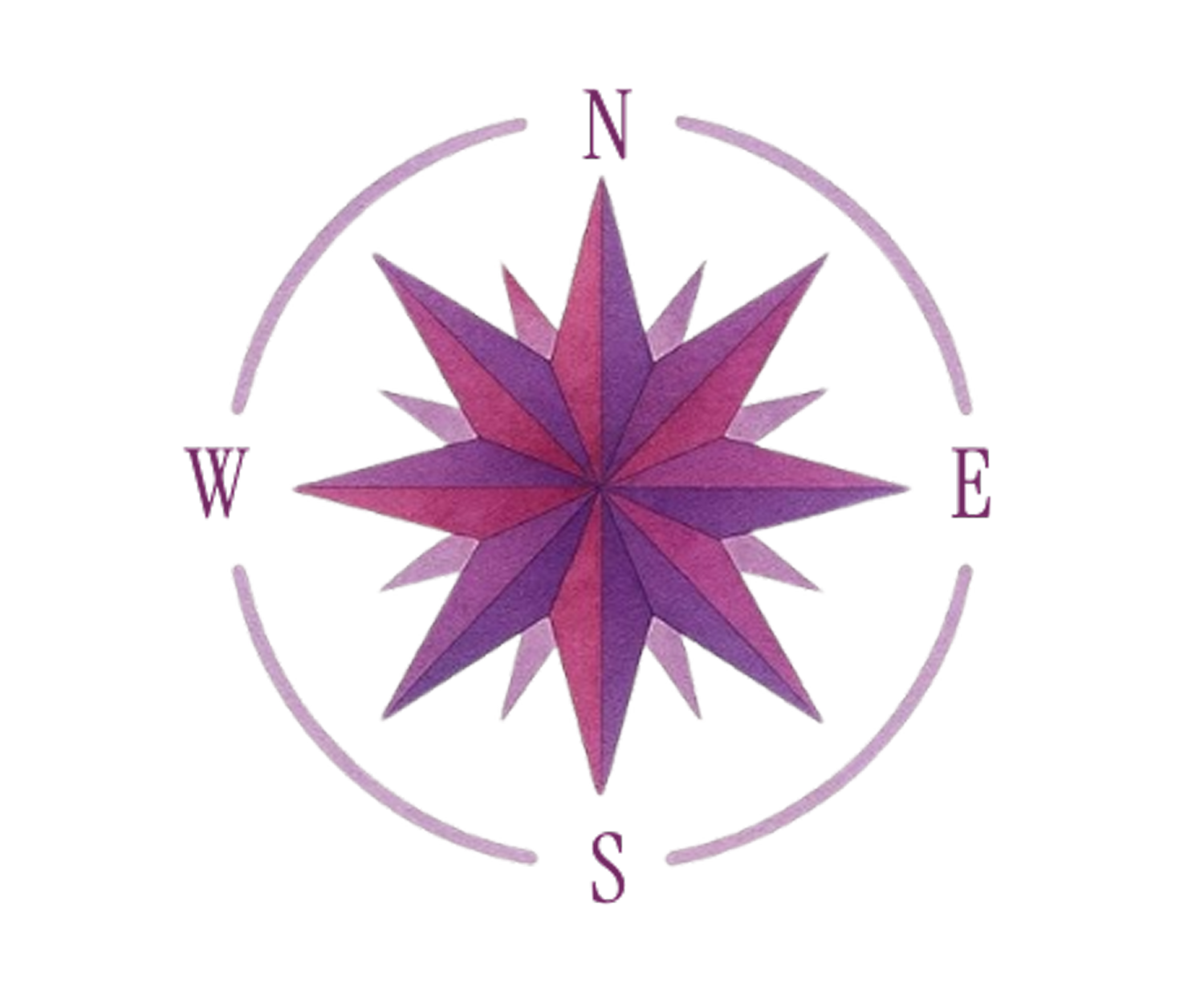 A compass with a purple and pink star-shaped design in the center, indicating the north, south, east, and west directions.