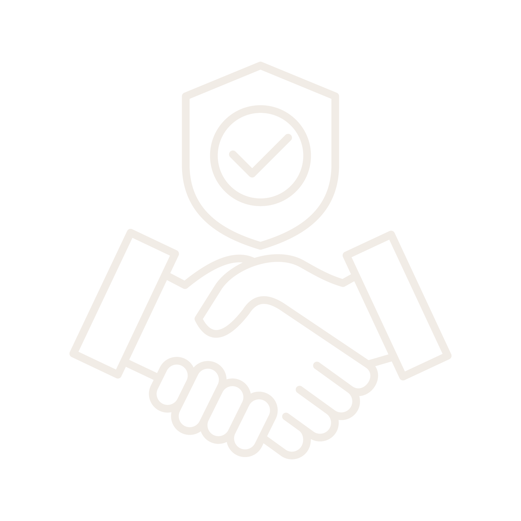 Line drawing of two hands shaking, with a shield symbol and a checkmark above.