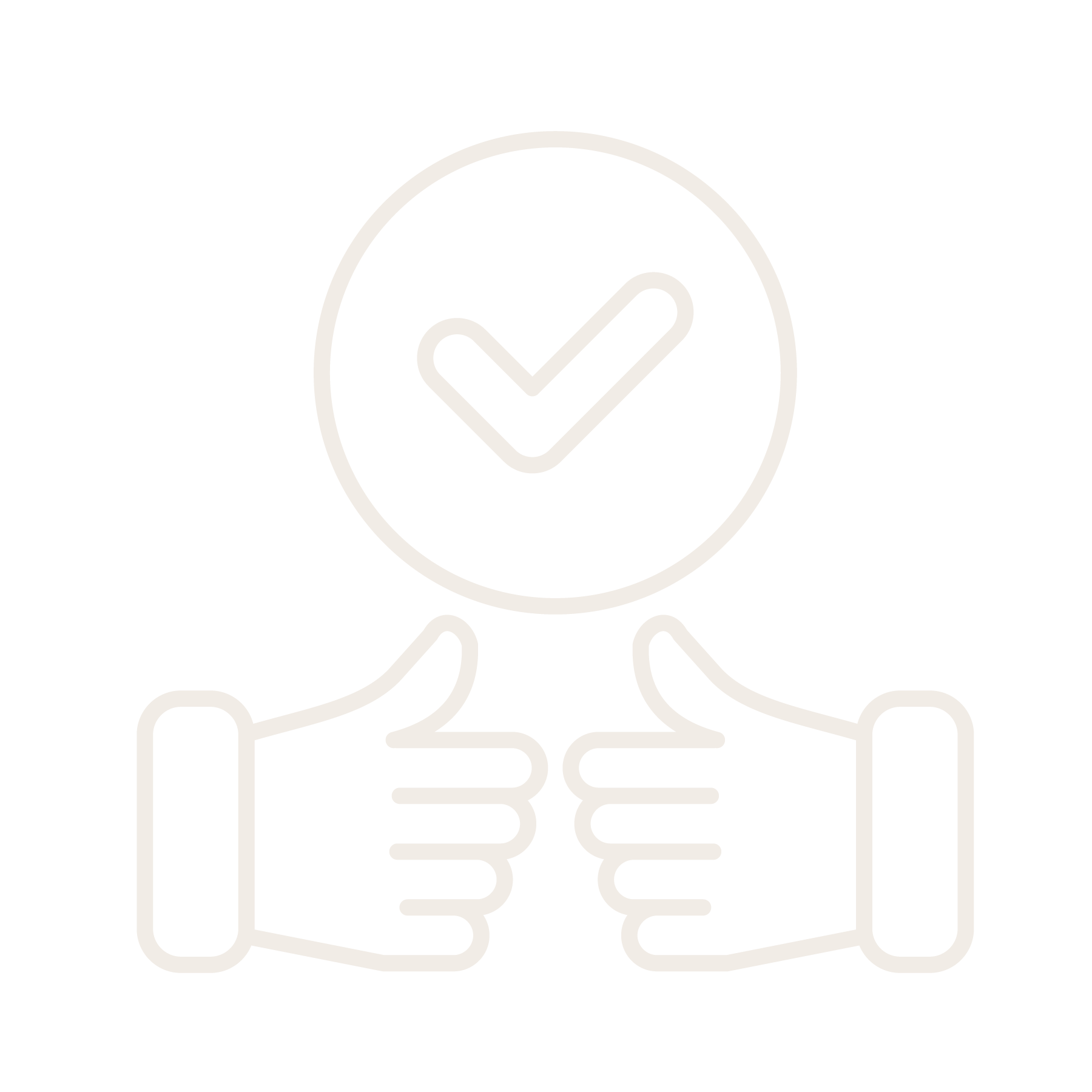 Outline icon of two hands giving thumbs up with a circle check mark above them, on a black background.