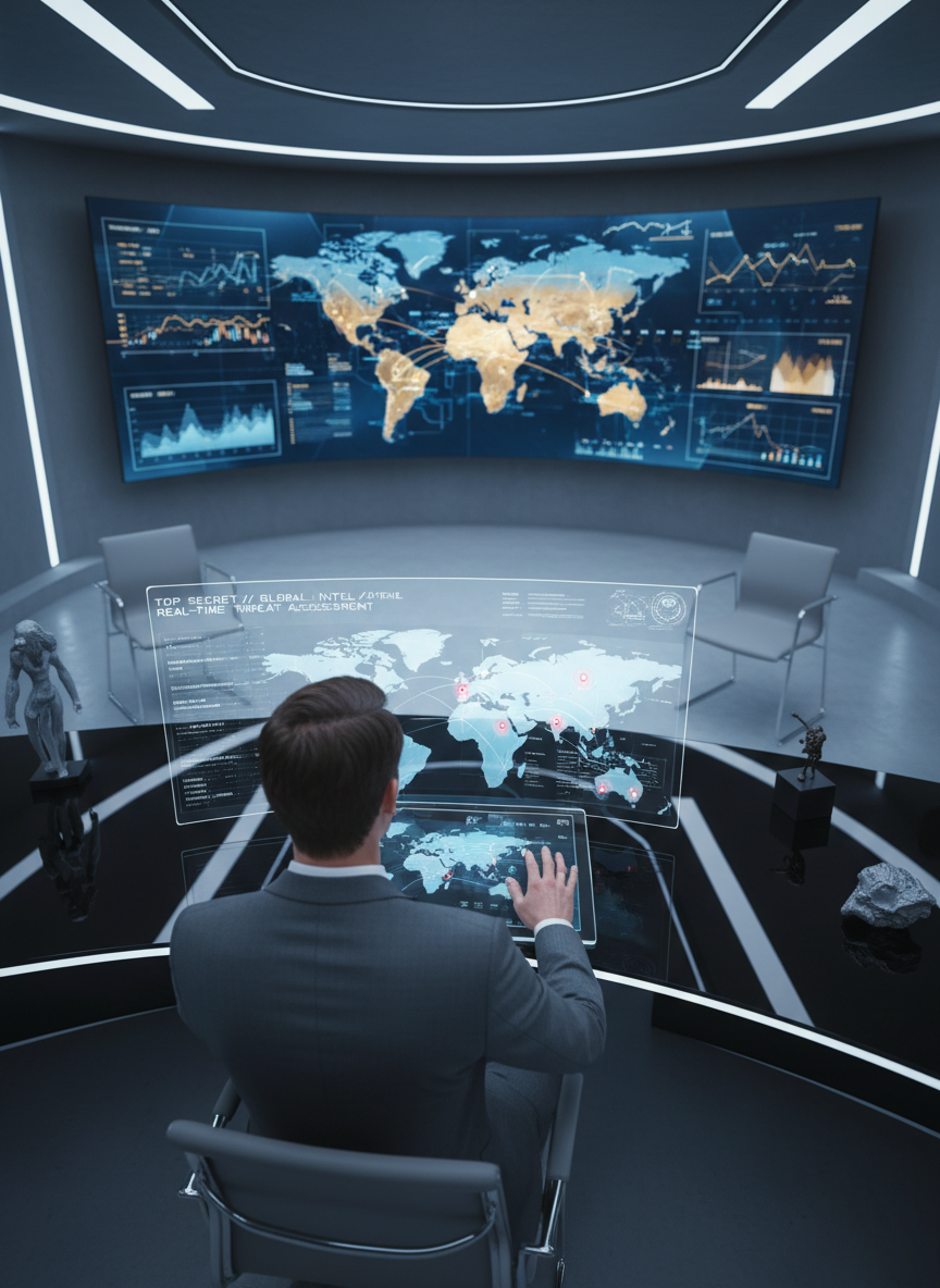 Man in a suit working with transparent digital screens displaying world maps, charts, and data in a high-tech control room.