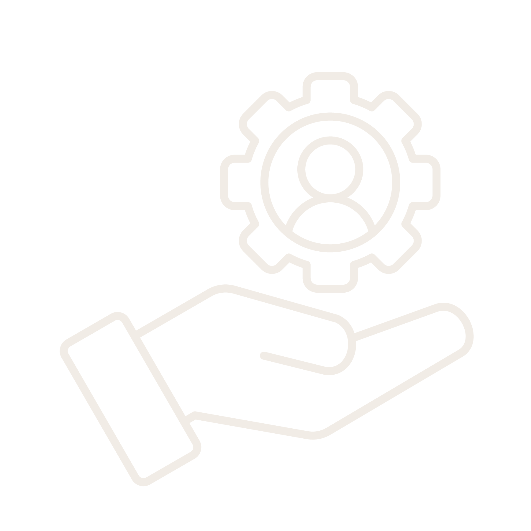 Line drawing of a hand holding a gear with a person's silhouette inside, symbolizing user management or settings.