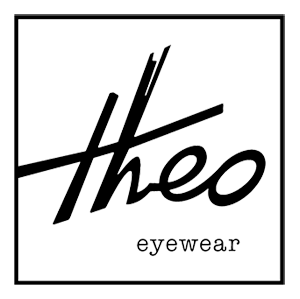 Logo for Theo Eyewear with stylized text and a black background.