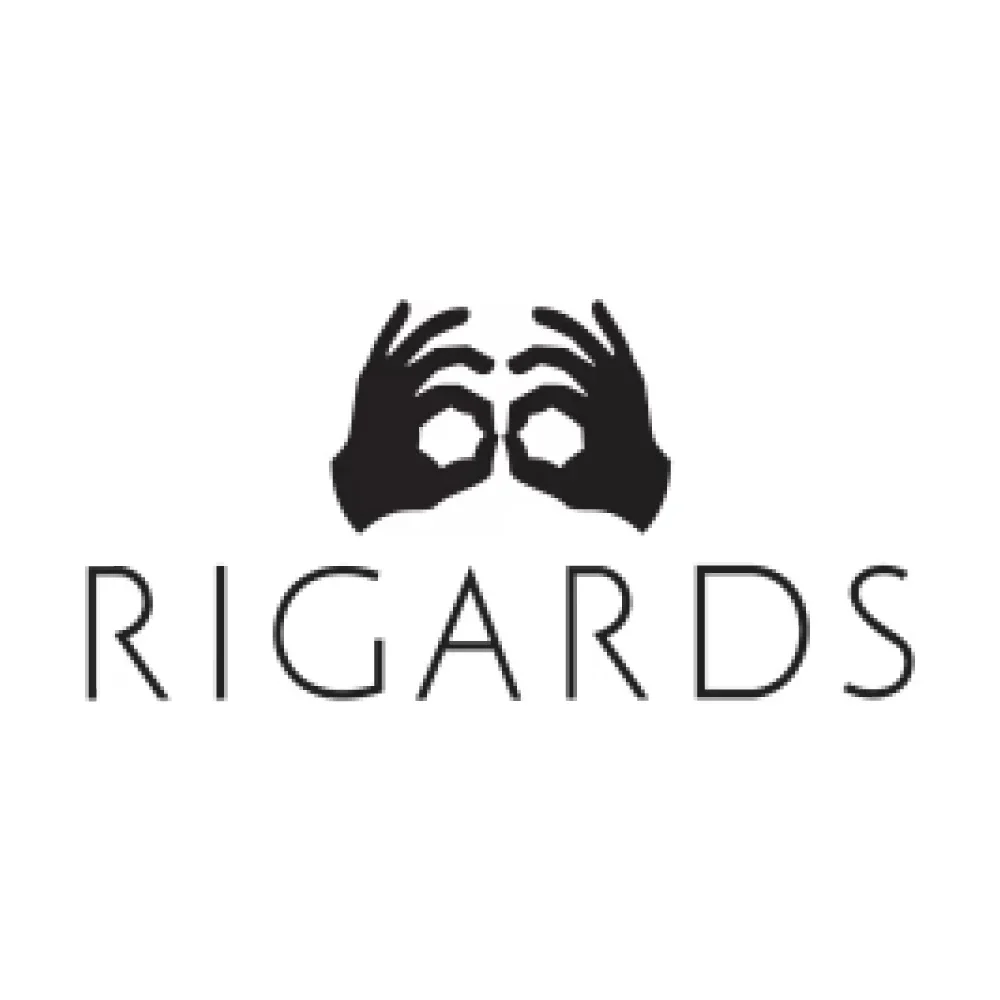 A logo with the word "RIGARDS" beneath a graphic of two black hands making a eyeglasses shape with fingers.