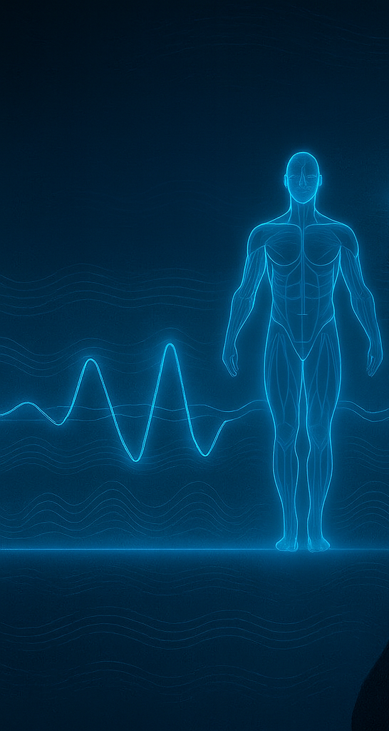 Représentation numérique d'un corps humain masculin en ligne bleue, avec un graphique de fréquence cardiaque en arrière-plan, sur fond sombre.