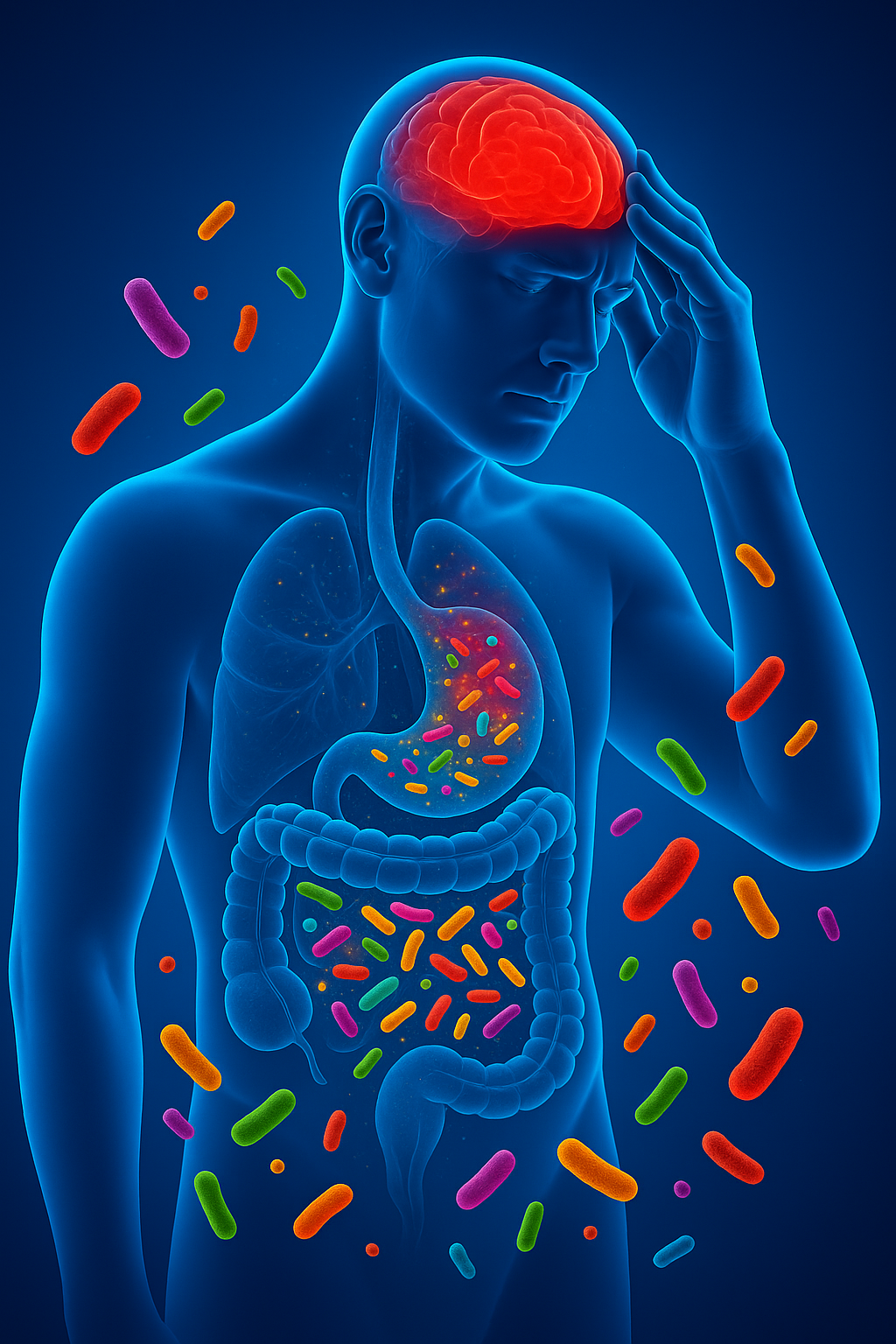 Illustration médicale d'un homme souffrant de mal de tête, avec son cerveau en surbrillance, et représentant une infection ou une irritation intestinale avec des bactéries colorées dans l'estomac et les intestins.