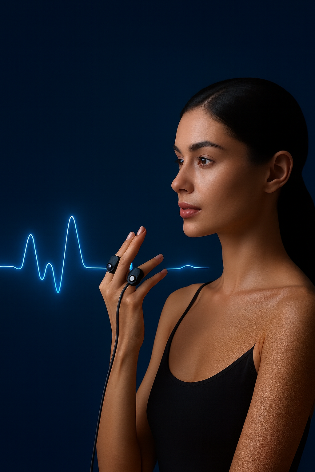 Femme tenant un dispositif de suivi de la fréquence cardiaque, devant une ligne de pouls lumineux sur un fond foncé.