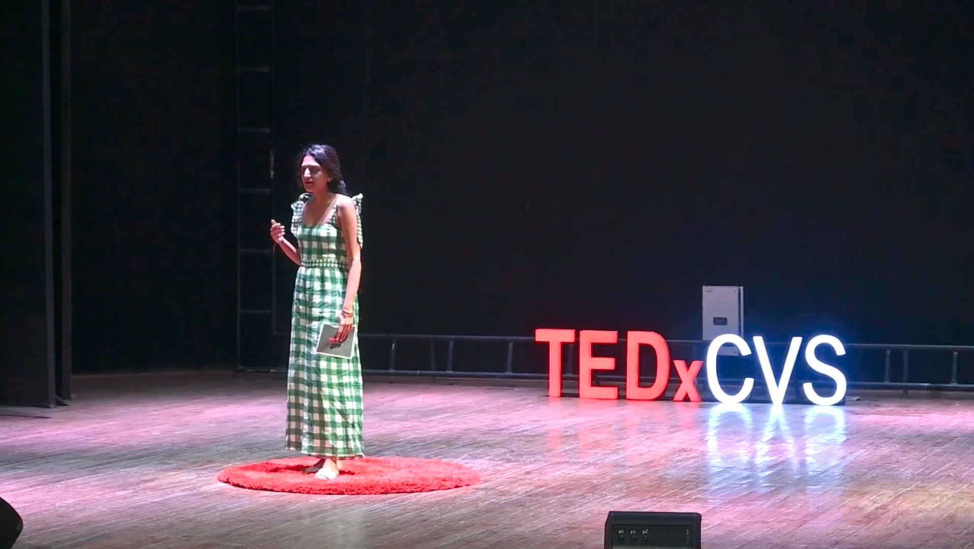 Priyanka Lugani speaking on the red circle at TEDxCVS. She is wearing a green and white checkered dress on a dark stage with the illuminated TEDx logo.