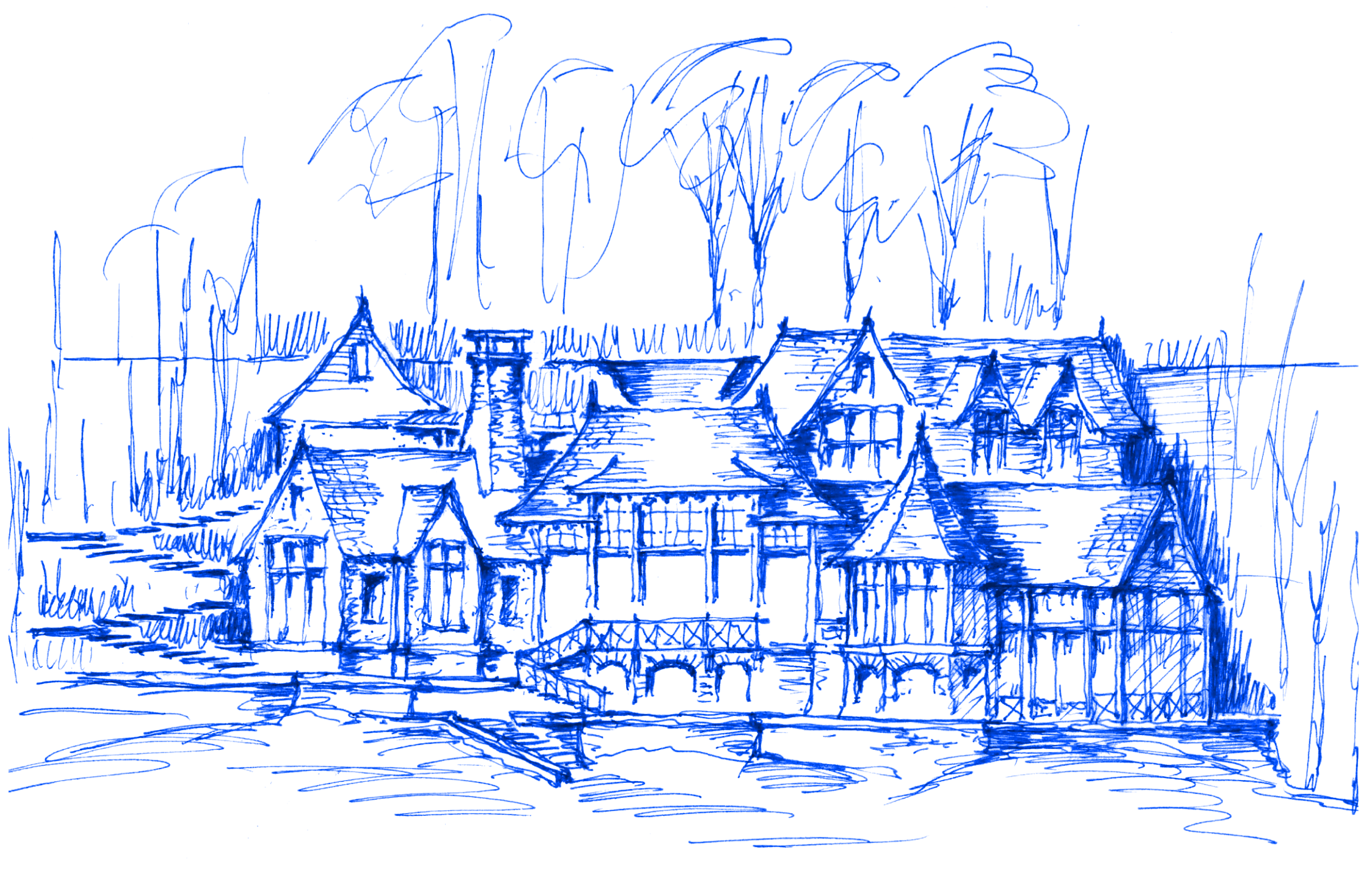Sketch of a two-story house with multiple gabled roofs, a porch with railings, and large windows, situated by a body of water with trees in the background.