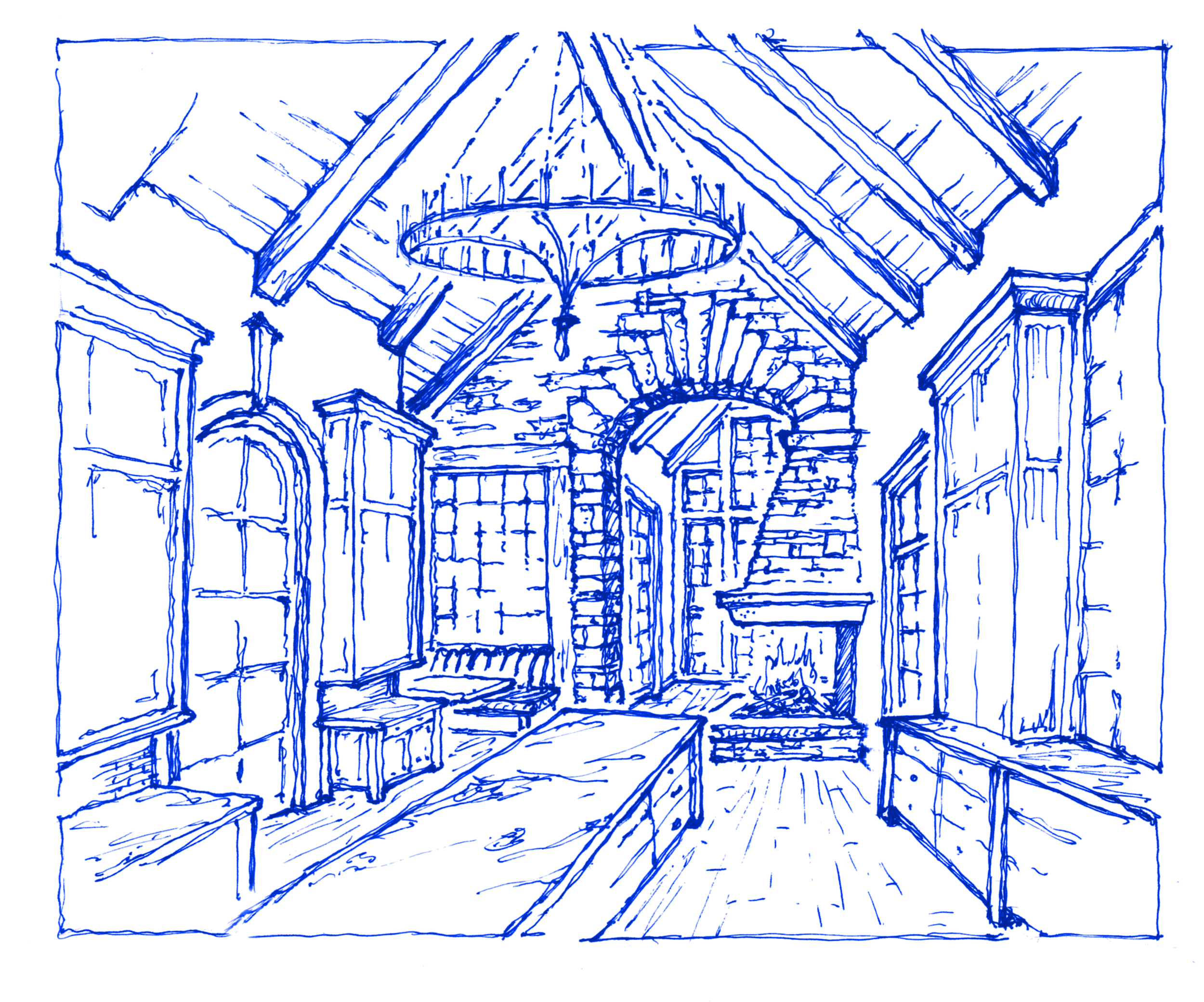 Sketch of a cozy living room with a high, vaulted ceiling, a central chandelier, large windows with benches, a fireplace, and exposed wooden beams.