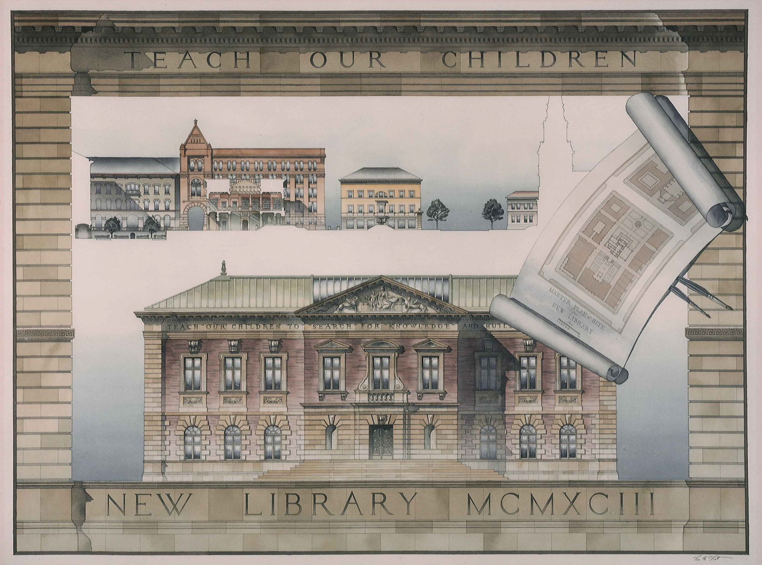 Architectural drawing of a historic new library building with an inscription above reading 'TEACH OUR CHILDREN' and below 'NEW LIBRARY MCMXCIII'. The drawing features detailed elevations and a rolled-out blueprint of the library.