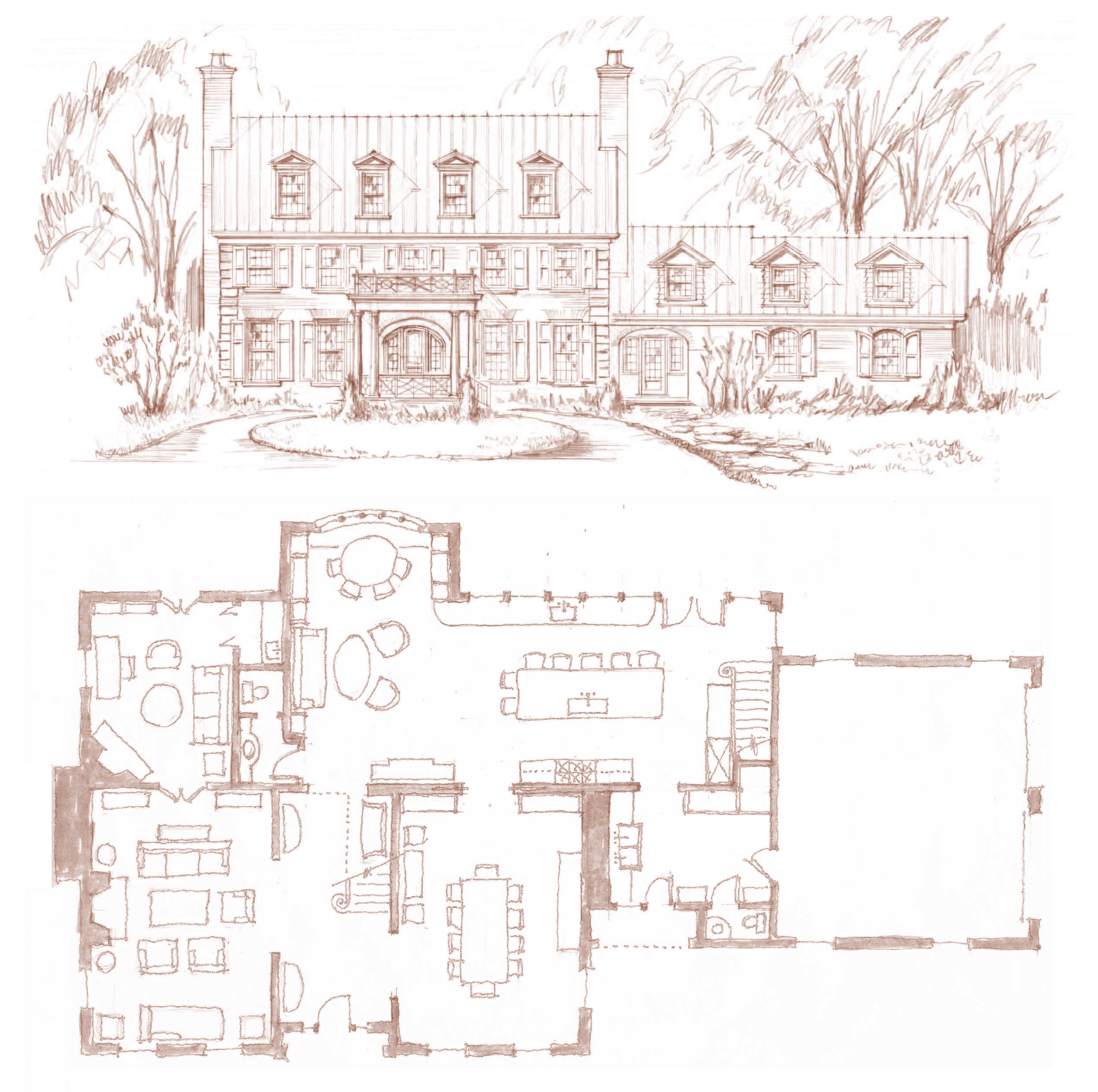 A detailed sketch of a large, historic house with a porch, multiple chimneys, and surrounding trees, along with a floor plan that shows various rooms including living areas, dining room, kitchen, and bathrooms.
