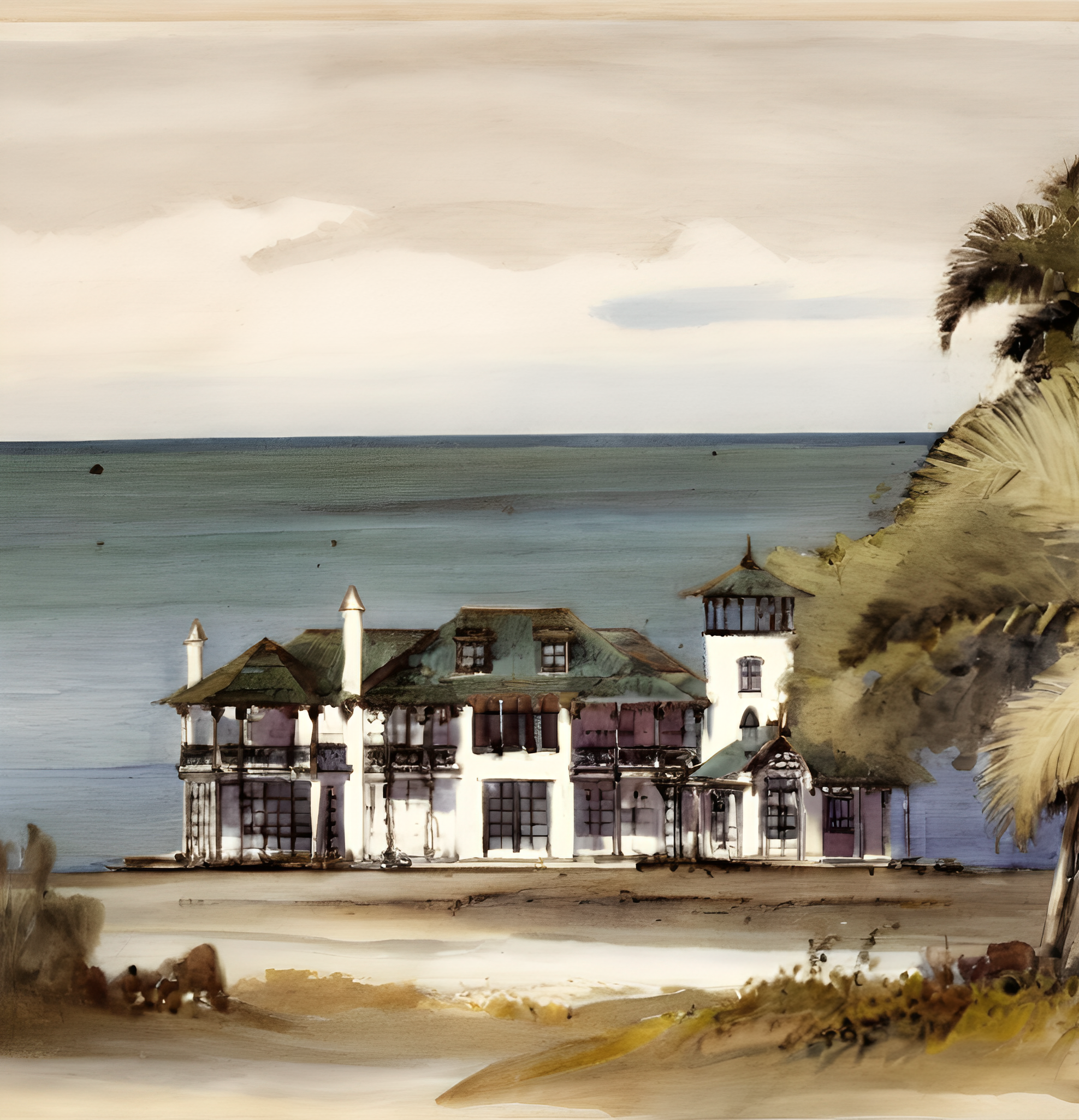 A house on a beach with the ocean and sky in the background and a palm tree in the foreground.