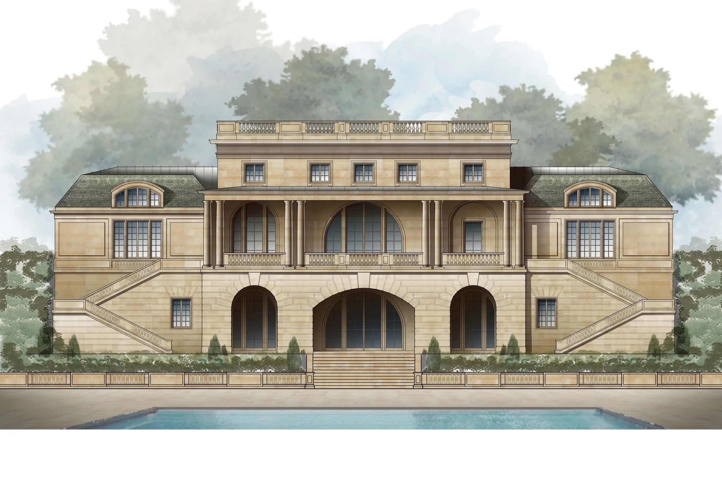 Drawing of a luxury mansion with a beige stone exterior, multiple windows, staircases on both sides, and a large central archway, with trees in the background and a swimming pool in the foreground.