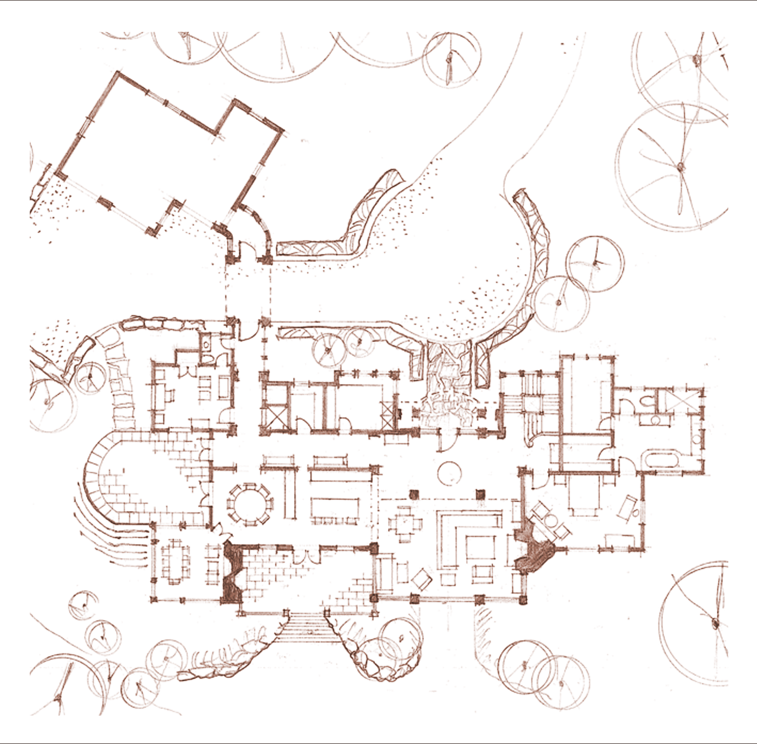 Architectural floor plan of a house surrounded by landscaping, trees, and outdoor areas.