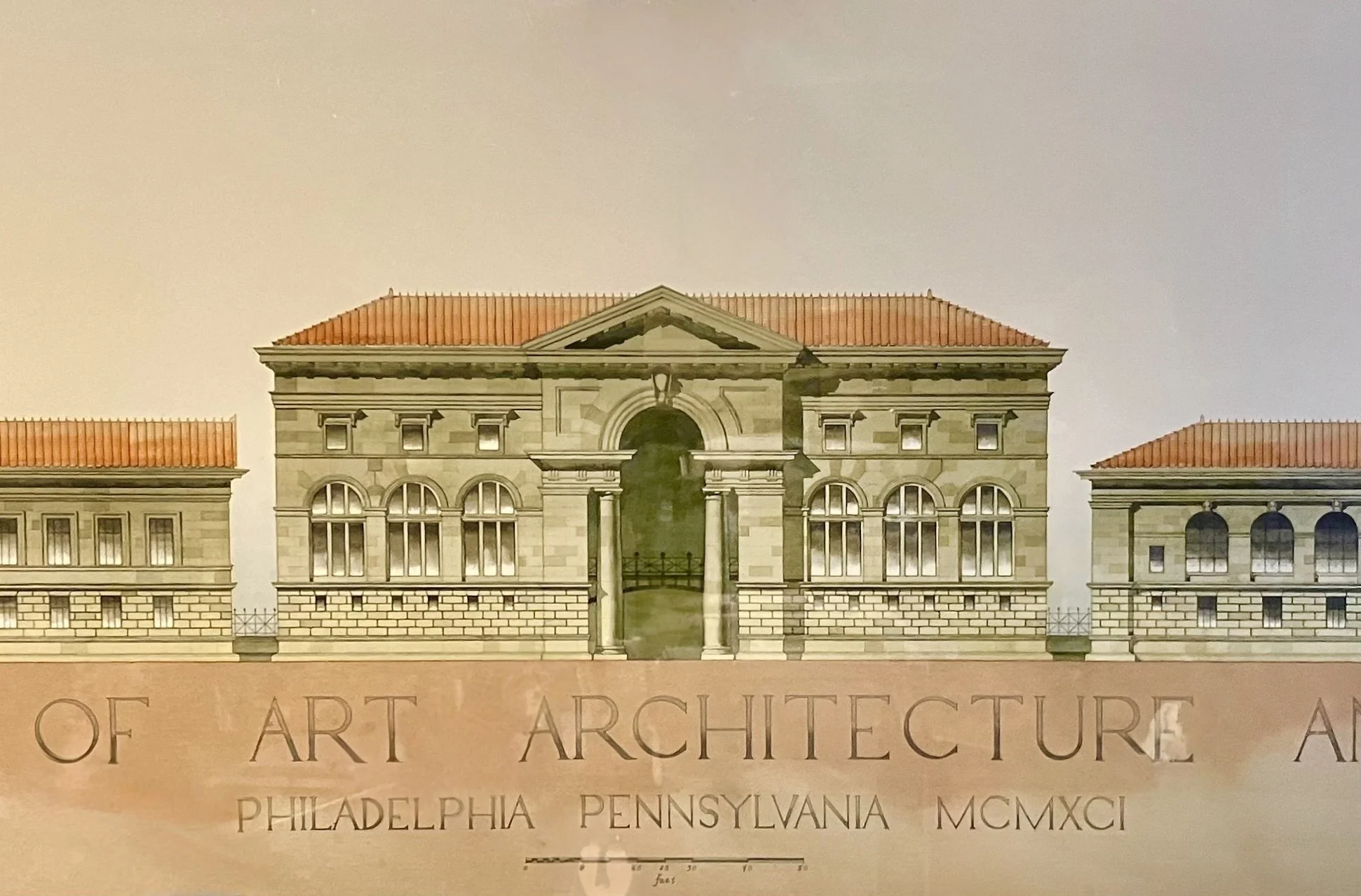 Illustration of an architectural building with columns and a red-tiled roof, titled "of art architecture" and labeled as a piece from Philadelphia, Pennsylvania, with Roman numeral MCMXCI (1991).