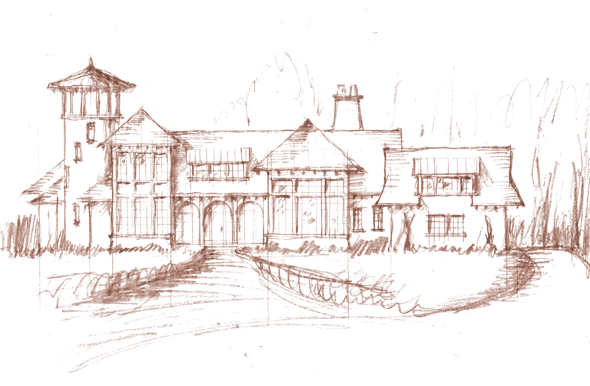 A detailed sketch of a large, multi-story house with various architectural features, surrounded by a pathway and garden, with trees and hills in the background.