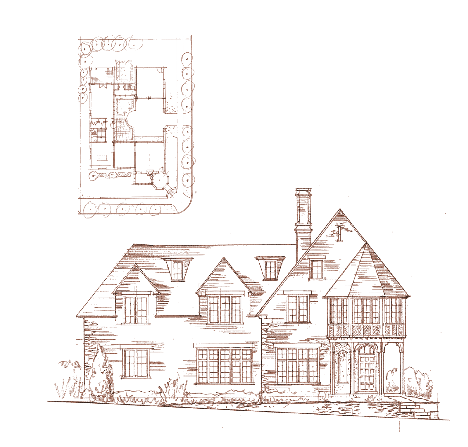 Sketch of a two-story house with multiple gabled roofs, a chimney, and a front porch. Floor plan in the upper left corner showing the layout of rooms and exterior landscape.