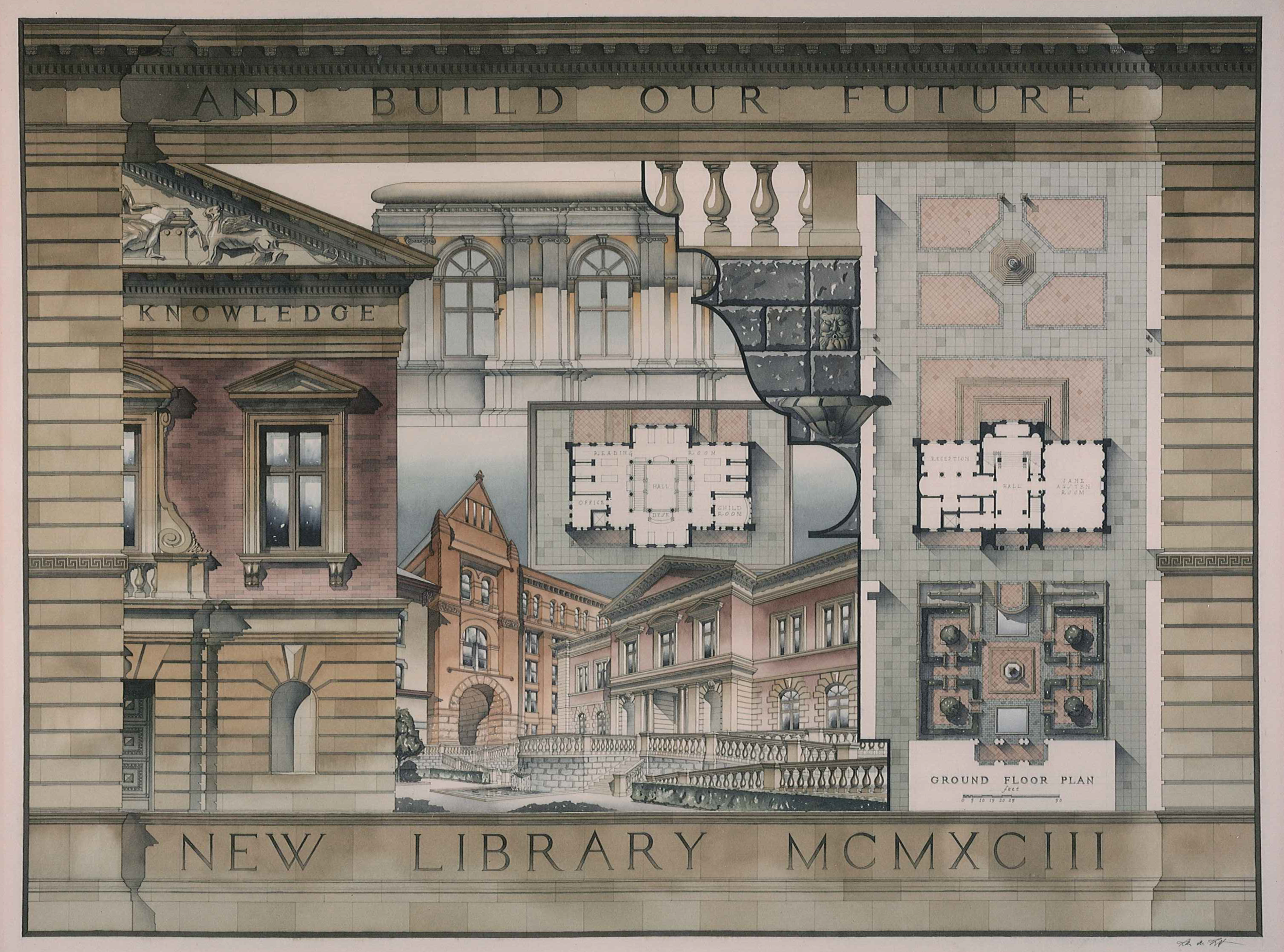 Architectural drawing of a new library building, showing exterior views, floor plans, and interior courtyards, with inscriptions 'And Build Our Future,' 'Knowledge,' and 'New Library MCMXII'.